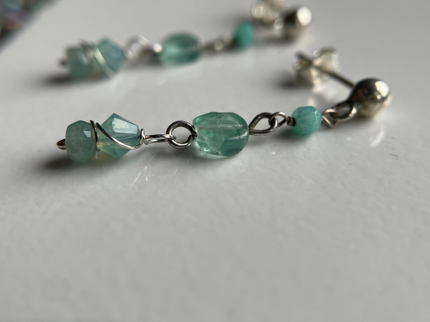 Sea Blue Apatite Aqua Chalcedony Crystal Gemstone Swarovski 925 Silver Drop Earrings