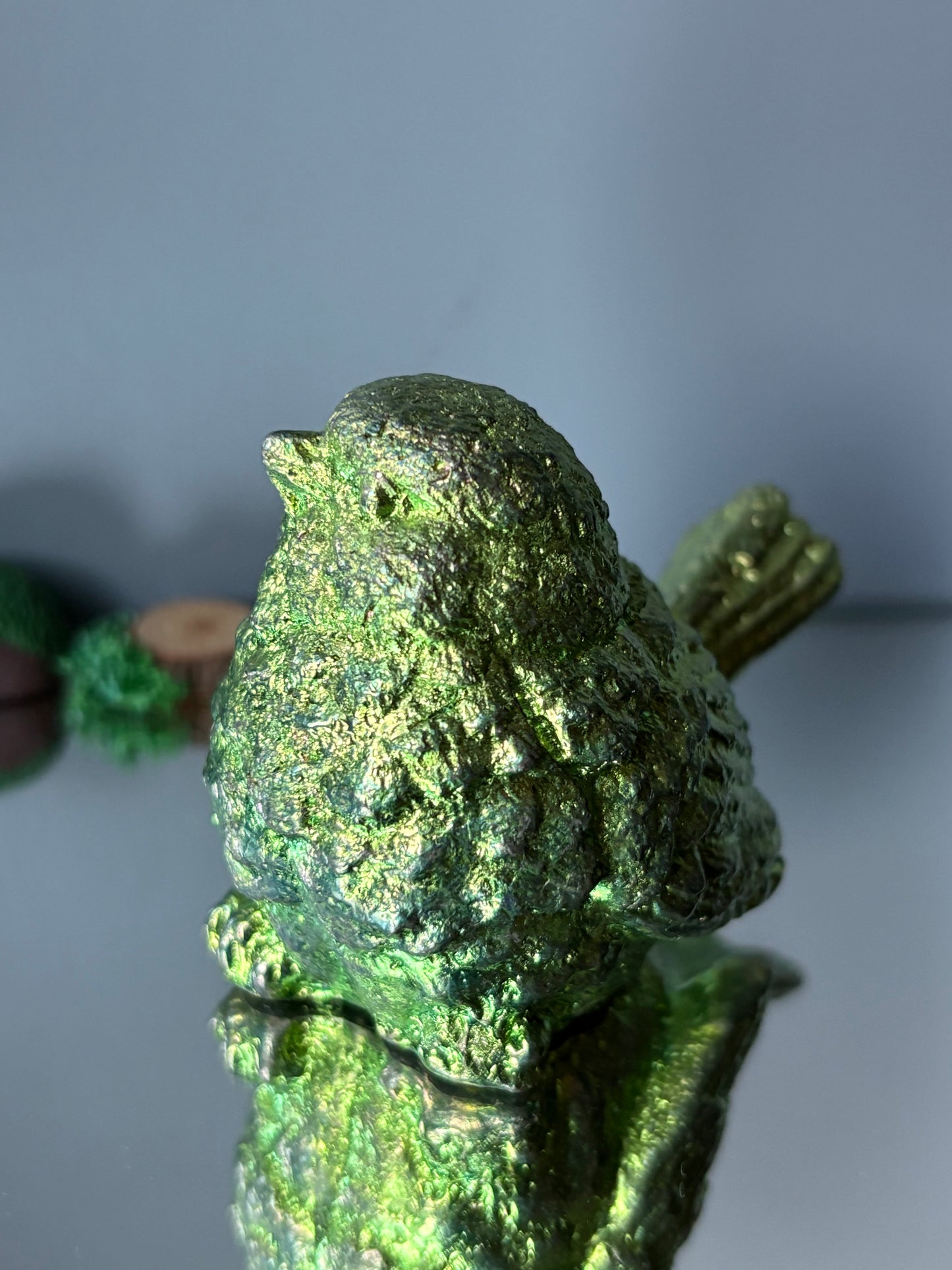 Green Bismuth Crystal Wren Song Bird Metal Art Sculpture
