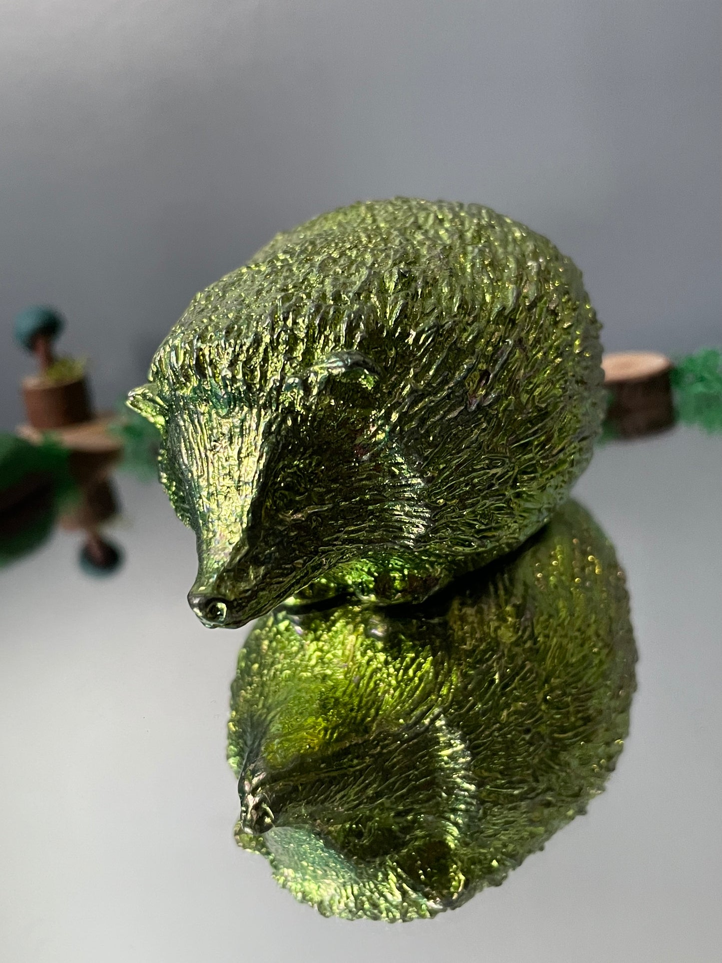 Green Bismuth Crystal Large Hedgehog Metal Art Sculpture