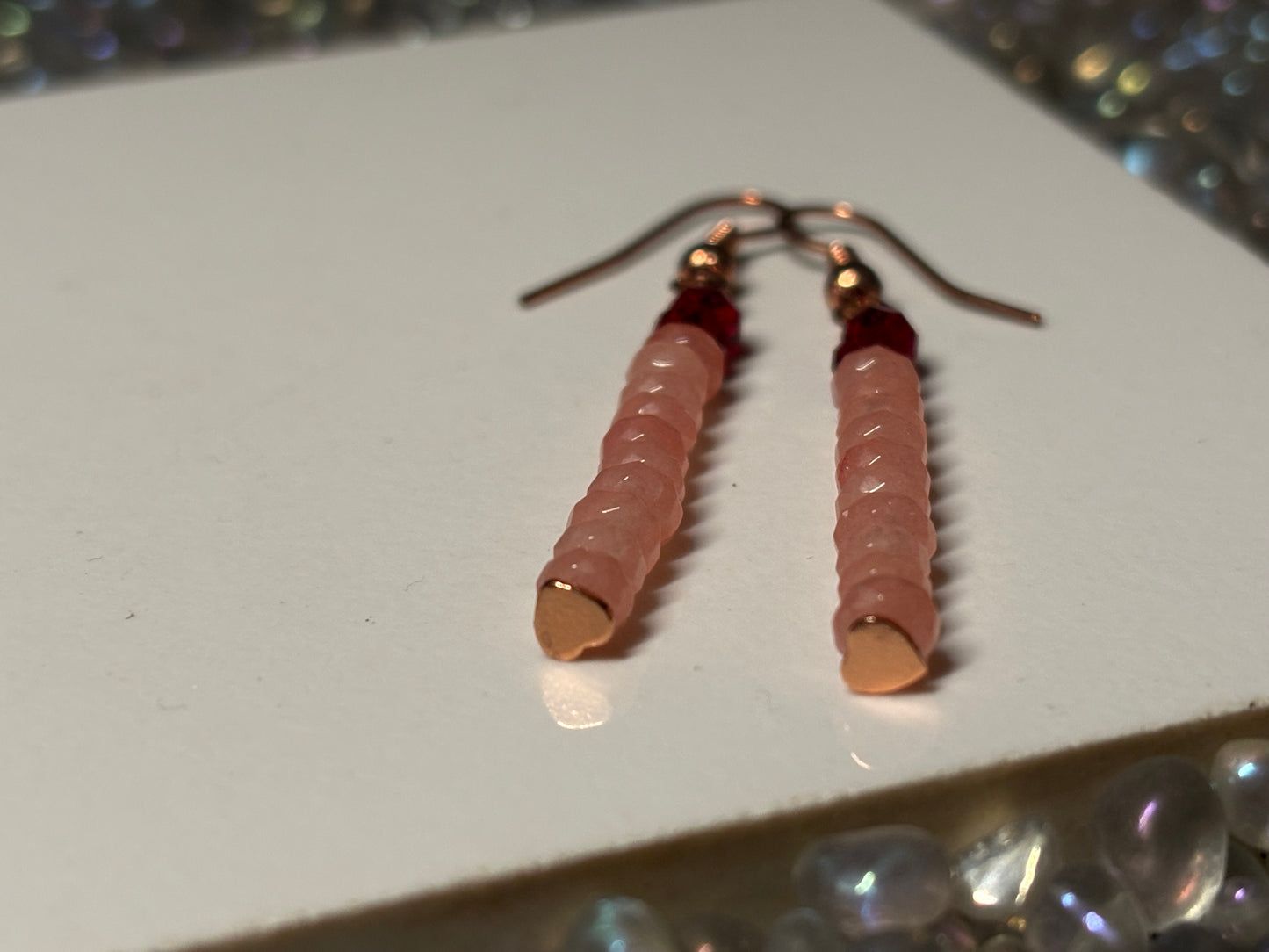 Peach Quartzite Gemstone Rondelle & Red Crystal Rose gold Earrings