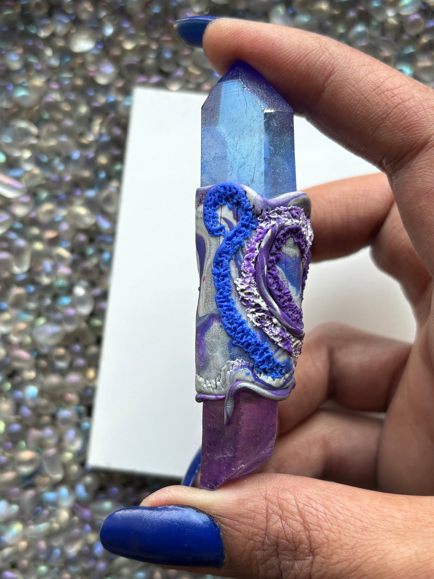 Purple & Blue Aura Quartz Crystal Gemstone Heart Swirl Clay Wand