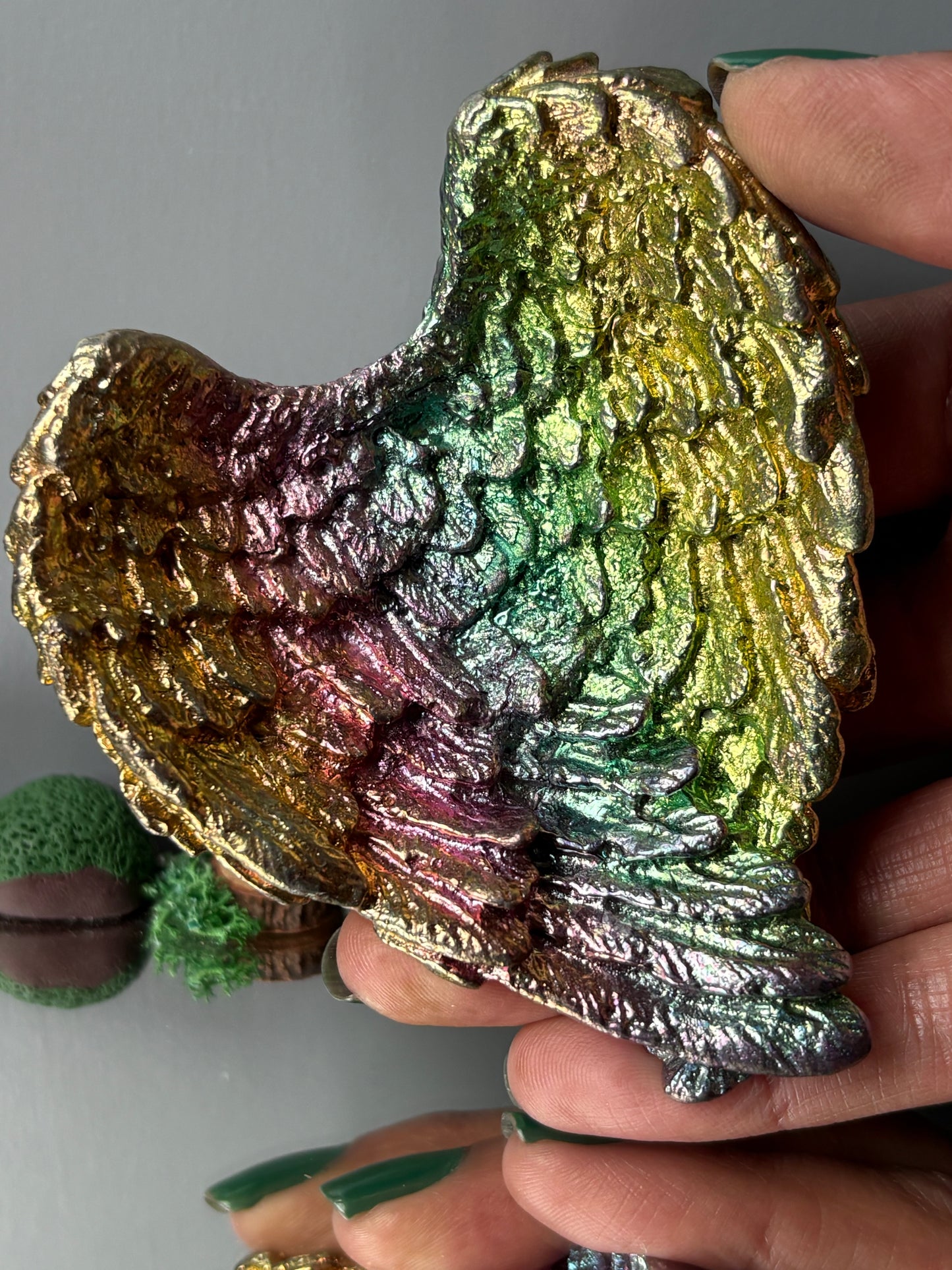 Rainbow Bismuth Crystal Angel Wing Dish / Sphere Holder Metal Art Sculpture