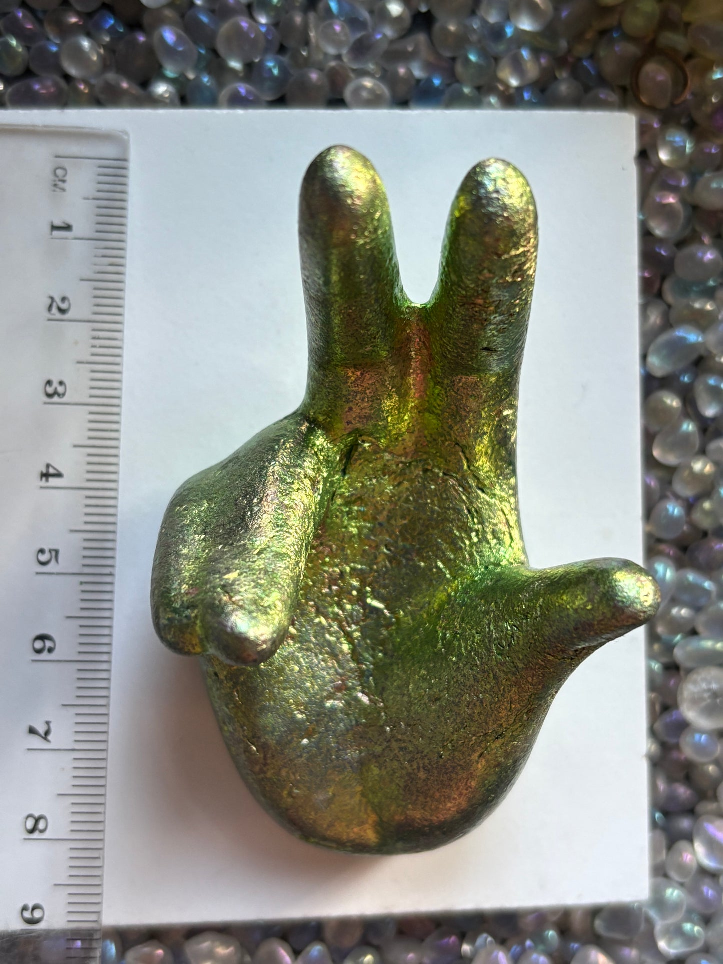 Green Bismuth Crystal Hand Sphere Holder Metal Art Sculpture