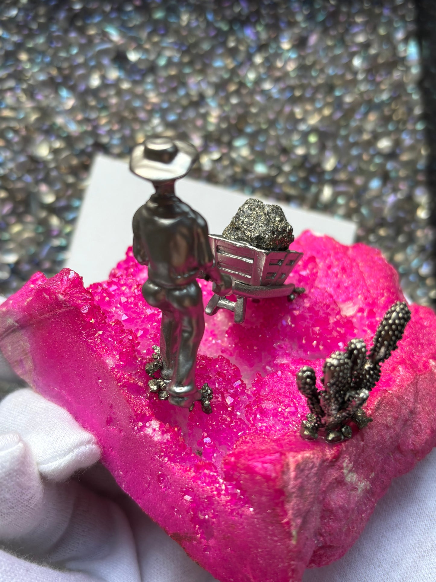 Hot Pink Aura Quartz & Pyrite Crystal Gemstone Miner Cluster - Large