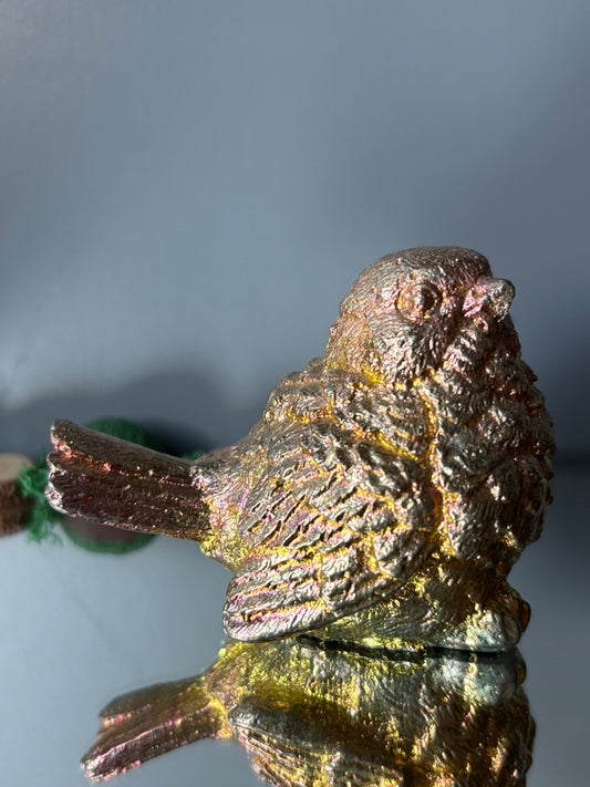 Gold Peach Bismuth Crystal Wren Song Bird Metal Art Sculpture