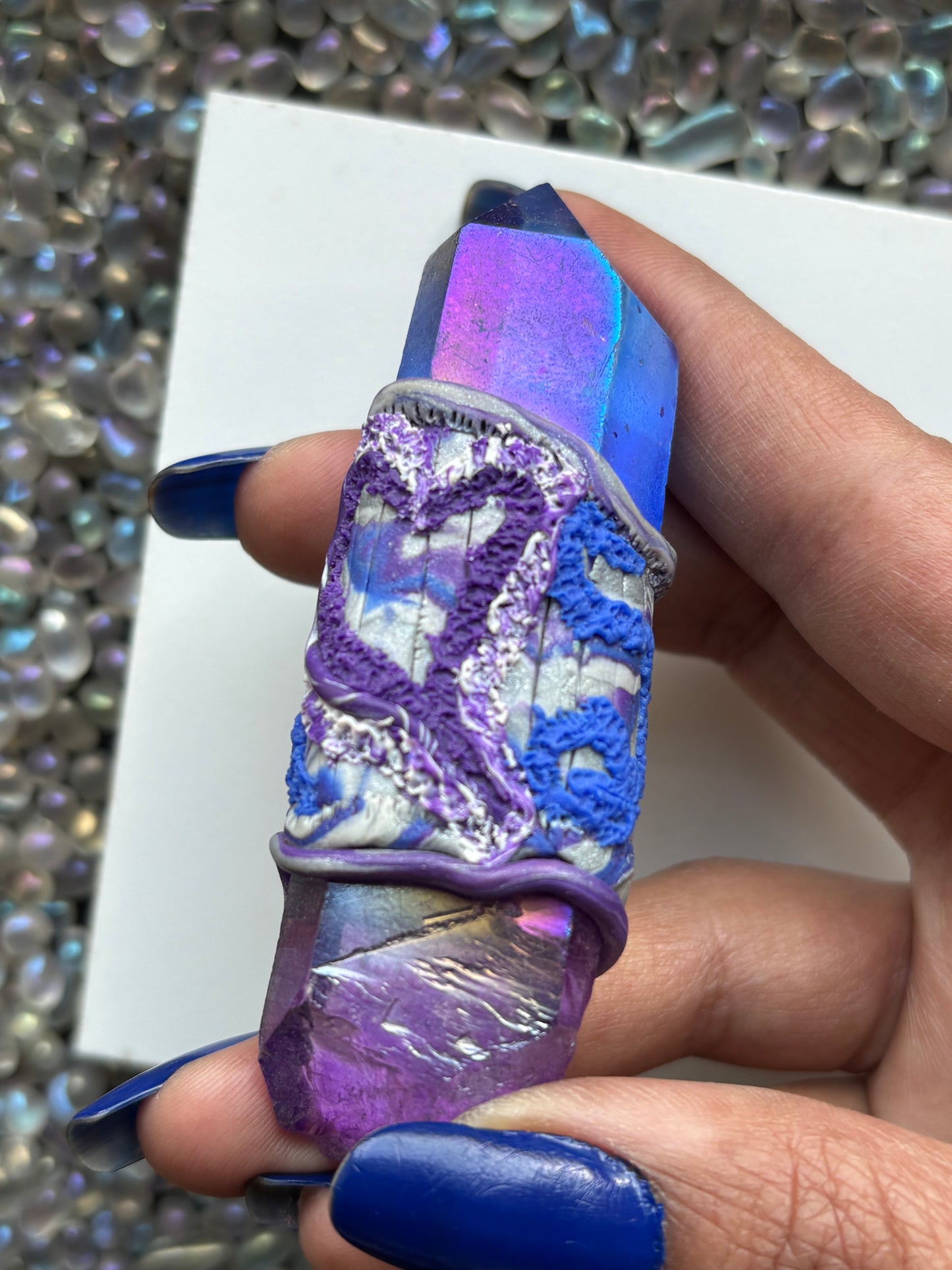 Purple & Blue Aura Quartz Crystal Gemstone Heart Swirl Clay Wand