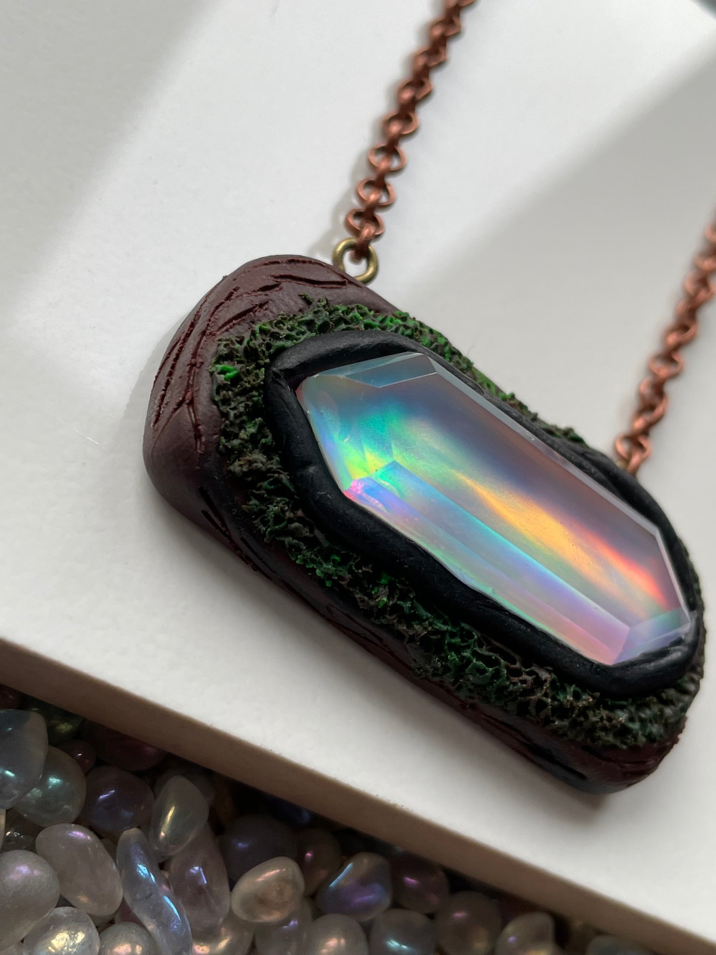 Elongated Aurora Opal Doublet Crystal Gemstone - Enchanted Forest Necklace
