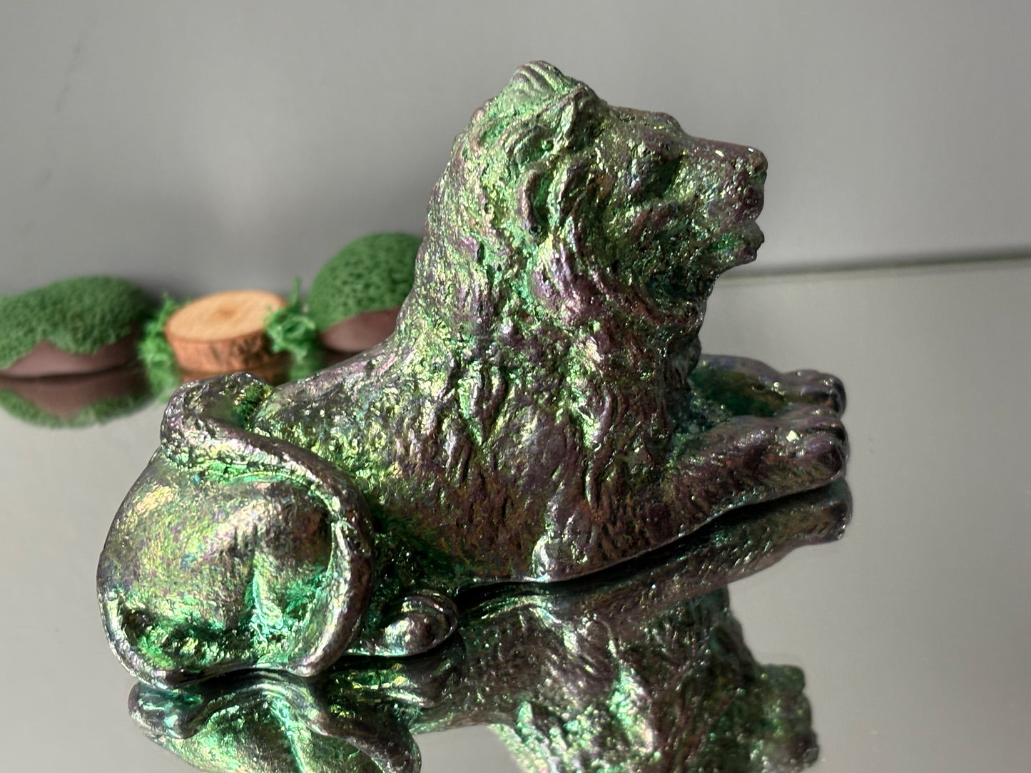 Teal Bismuth Crystal Lion Metal Art Sculpture