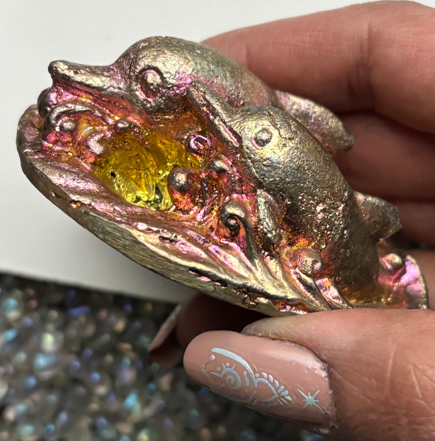Gold Pink Bismuth Crystal Dolphin Pair Metal Art Sculpture