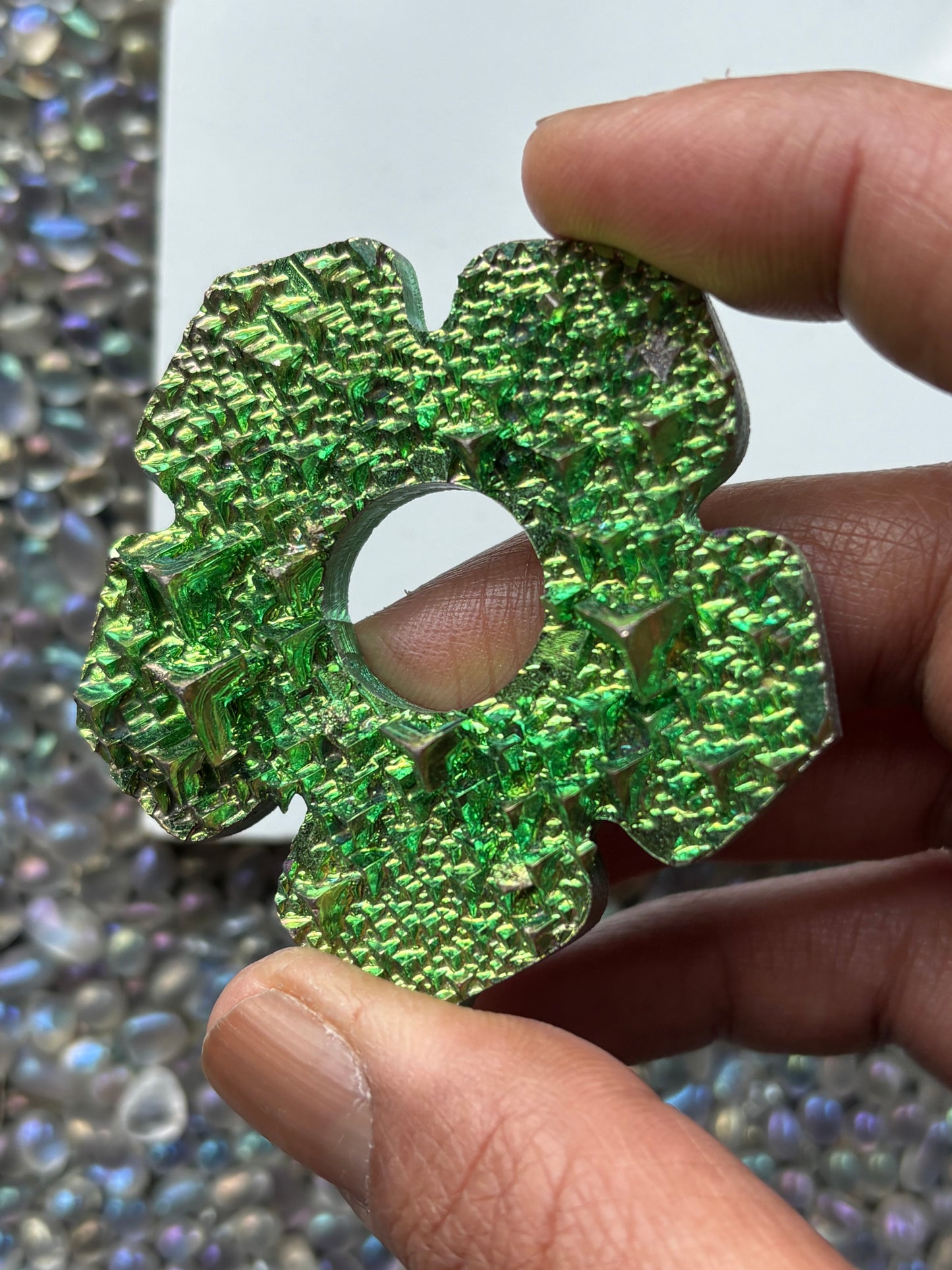 Green Bismuth Crystal Hippie Flower Slice Cut Out Sphere Holder