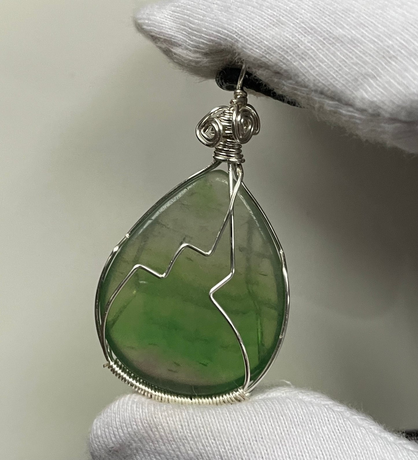 Green Fluorite Crystal Gemstone Wire Wrap Silver Necklace