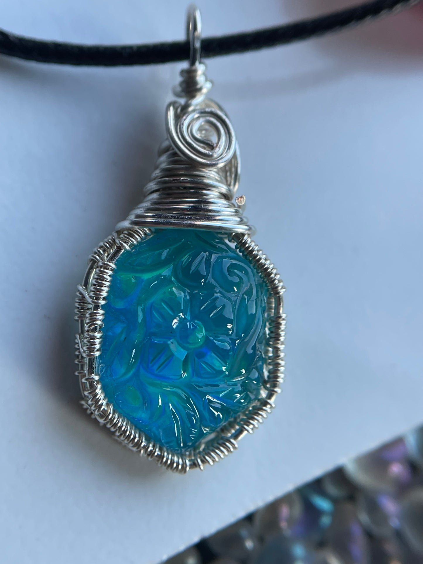 Carved Aurora Opal Doublet Crystal Gemstone - Wire Wrapped Necklace