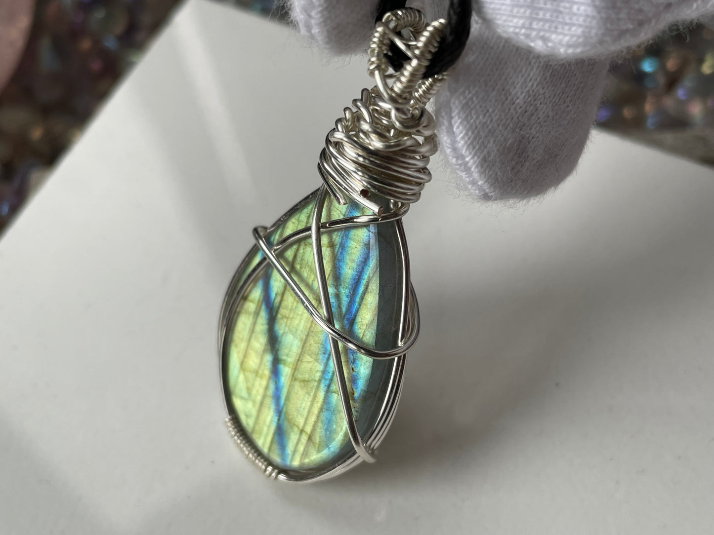 Gold Blue Labradorite Crystal Gemstone Silver Wire Necklace