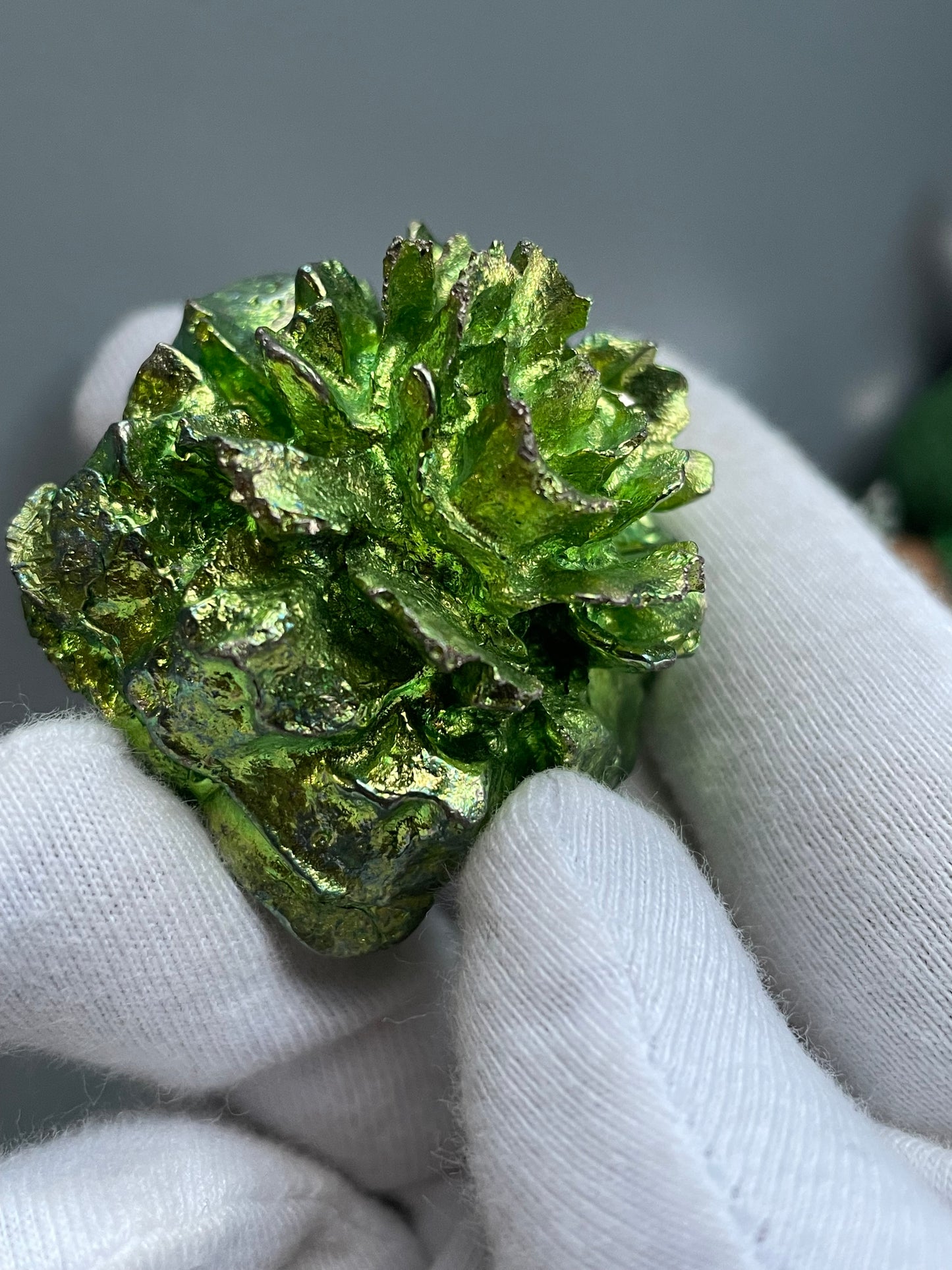 Green Bismuth Crystal Small Rose Flower Metal Art Sculpture