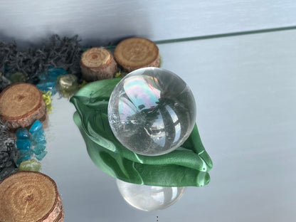 Rainbow Quartz Crystal Gemstone Sphere Clay Leaf Holder Gift Set