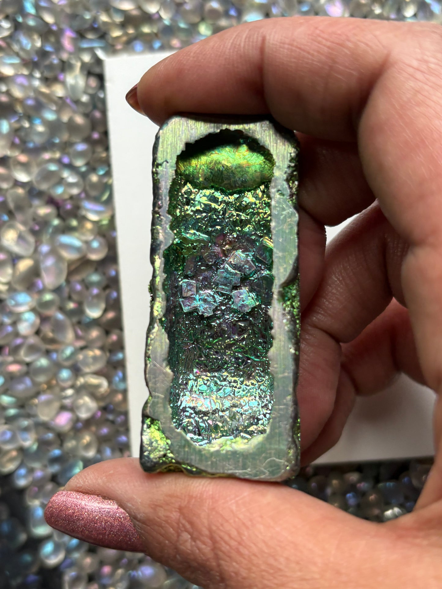 Green Bismuth Crystal Moai Head Easter Island Metal Art Sculpture