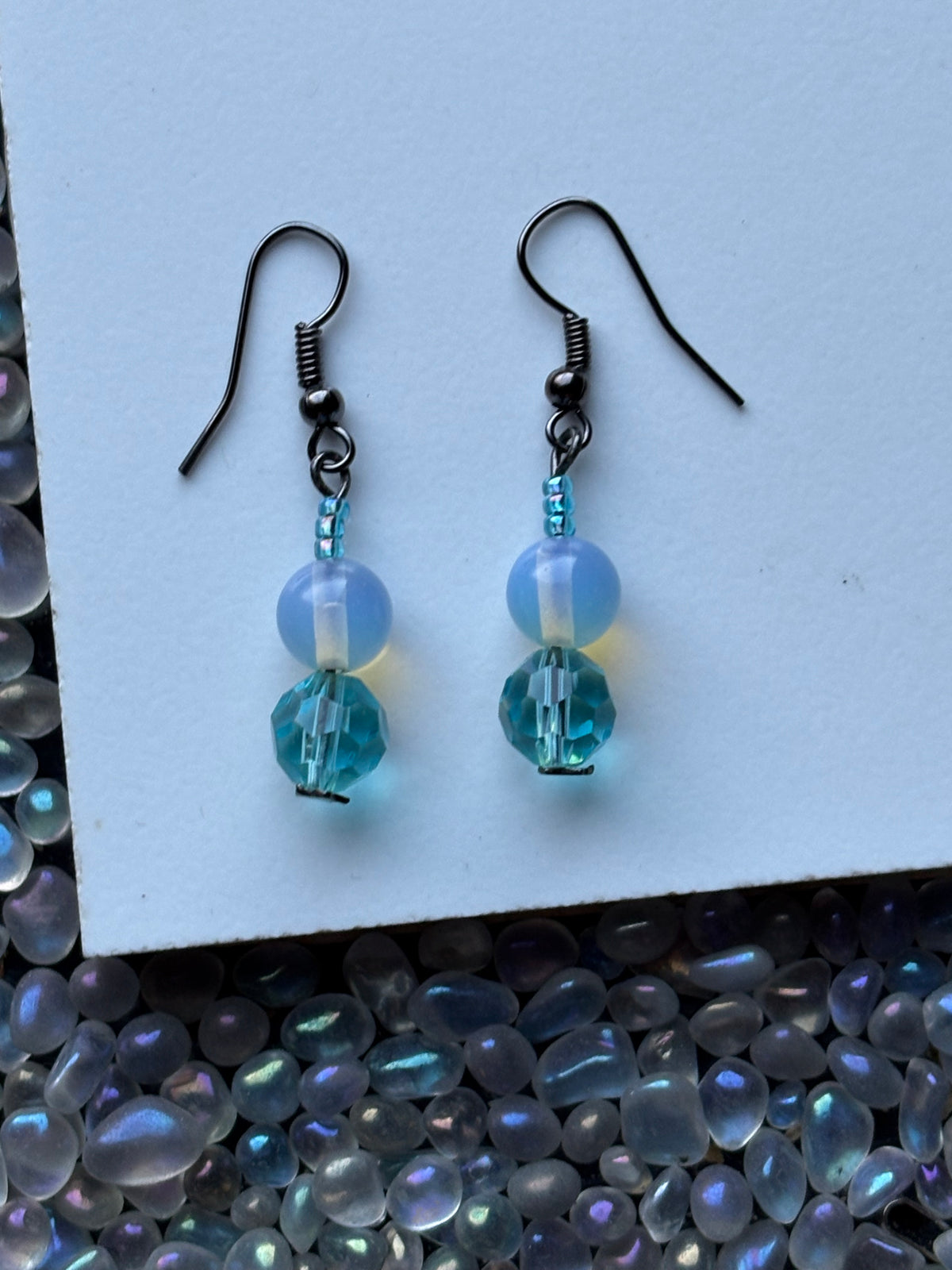 Opalite & Sky Blue Crystal Black Drop Earrings