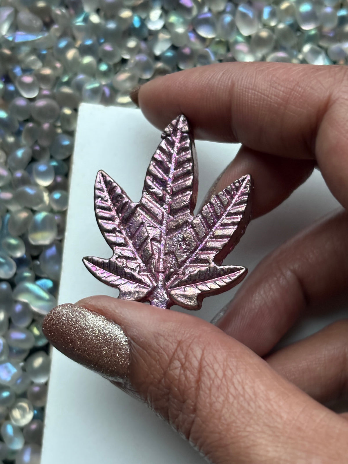 Pink Bismuth Crystal Pot Leaf Metal Art Sculpture