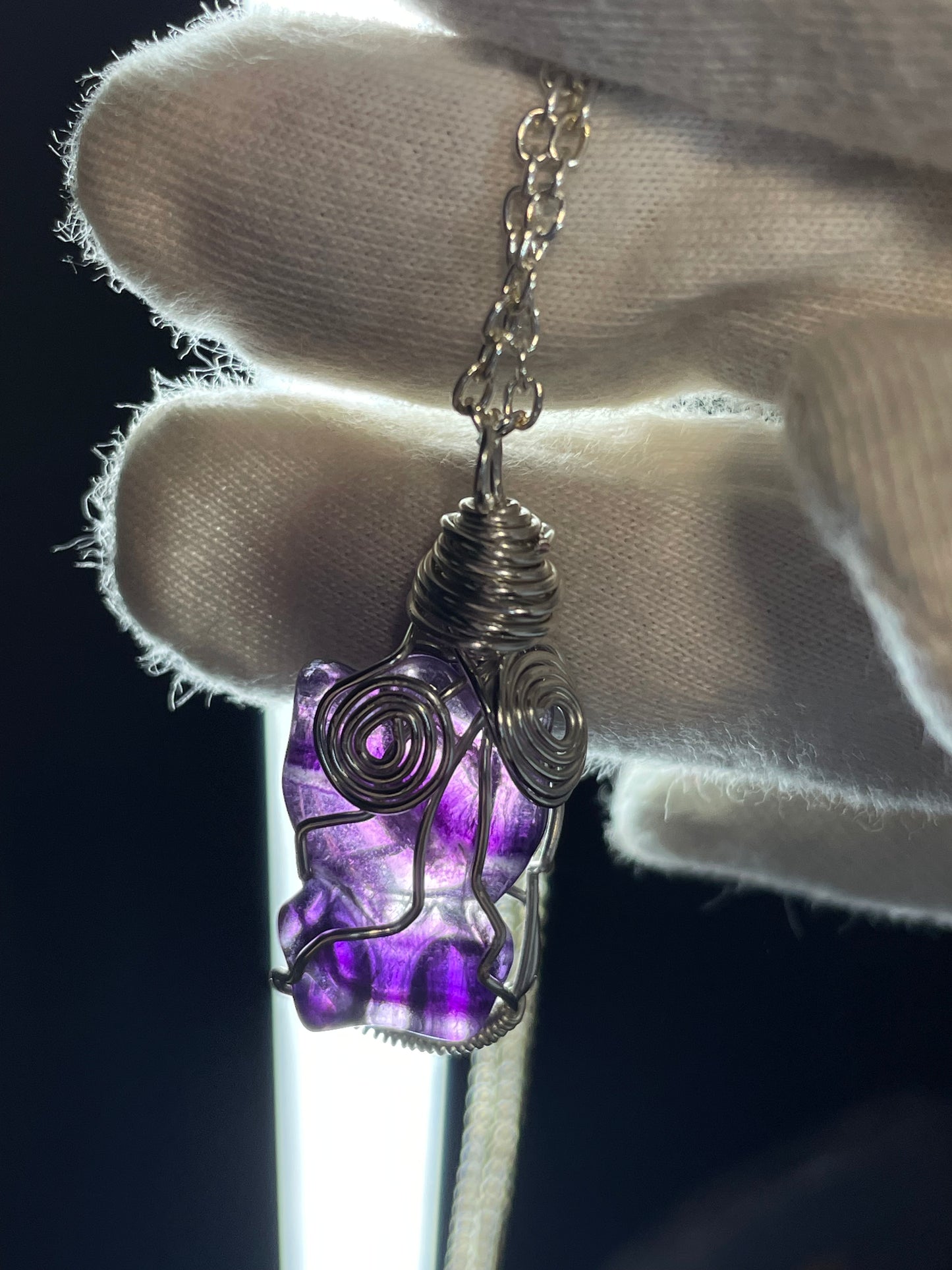Fluorite Crystal Gemstone Hello Kitty Carving Silver Wire Wrap Necklace