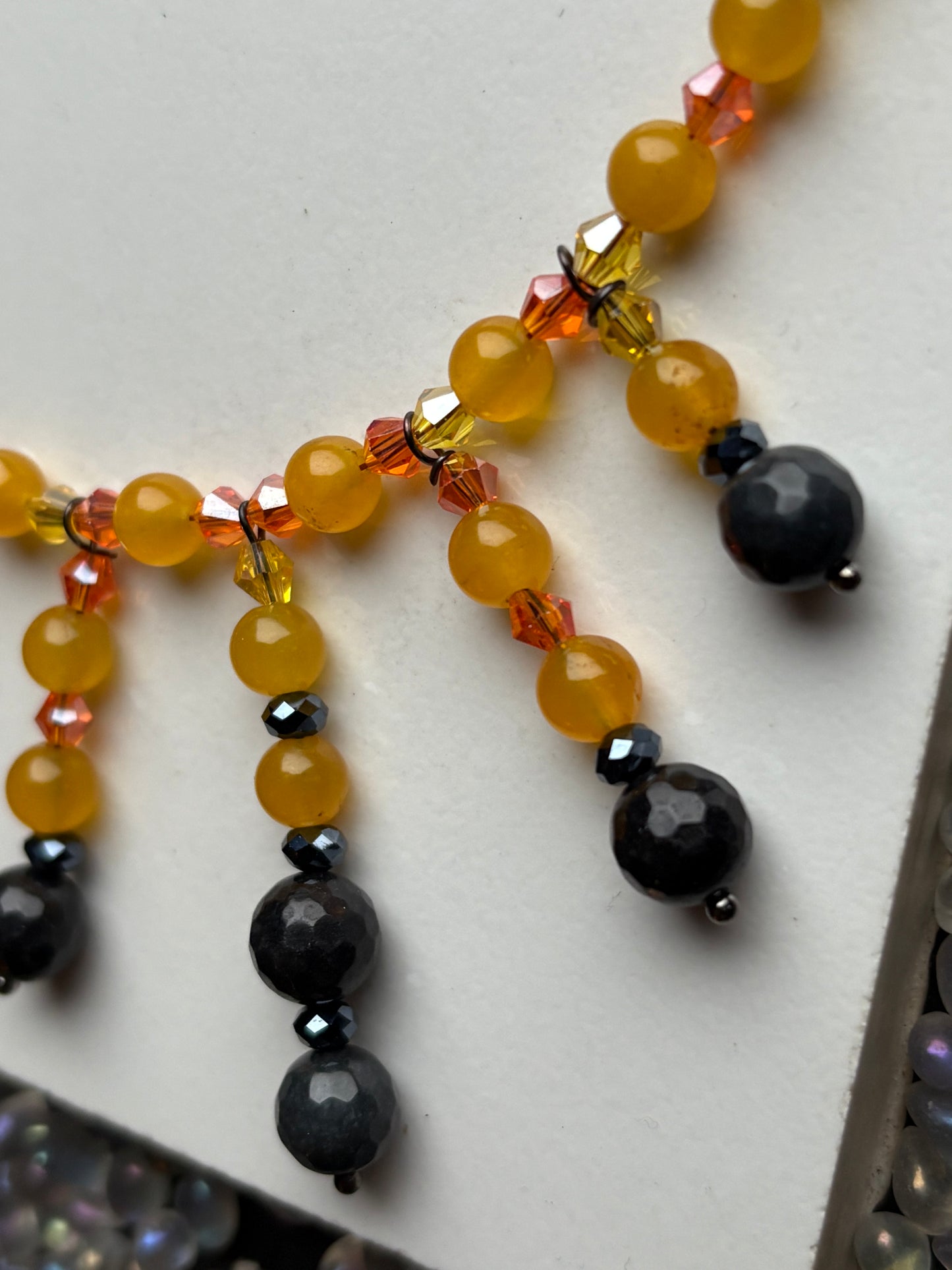 Sunflower - Mango & Black Quartz Crystal Beaded Gemstone Necklace