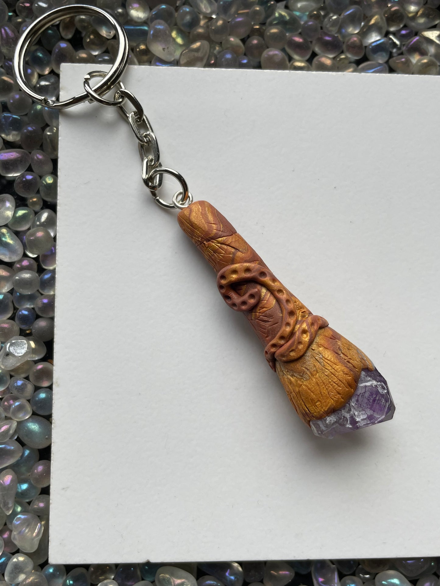 Amethyst Crystal Gemstone Clay Wooden Wand KeyChain (2)