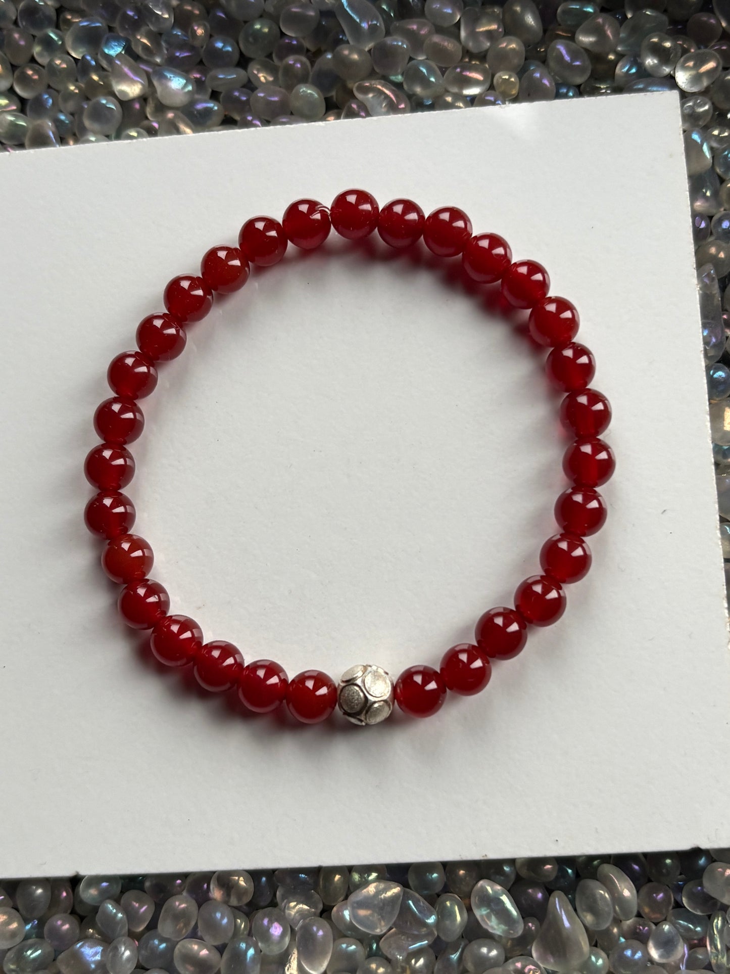 Red Quartz Crystal Gemstone Stretch Bracelet Sterling Silver