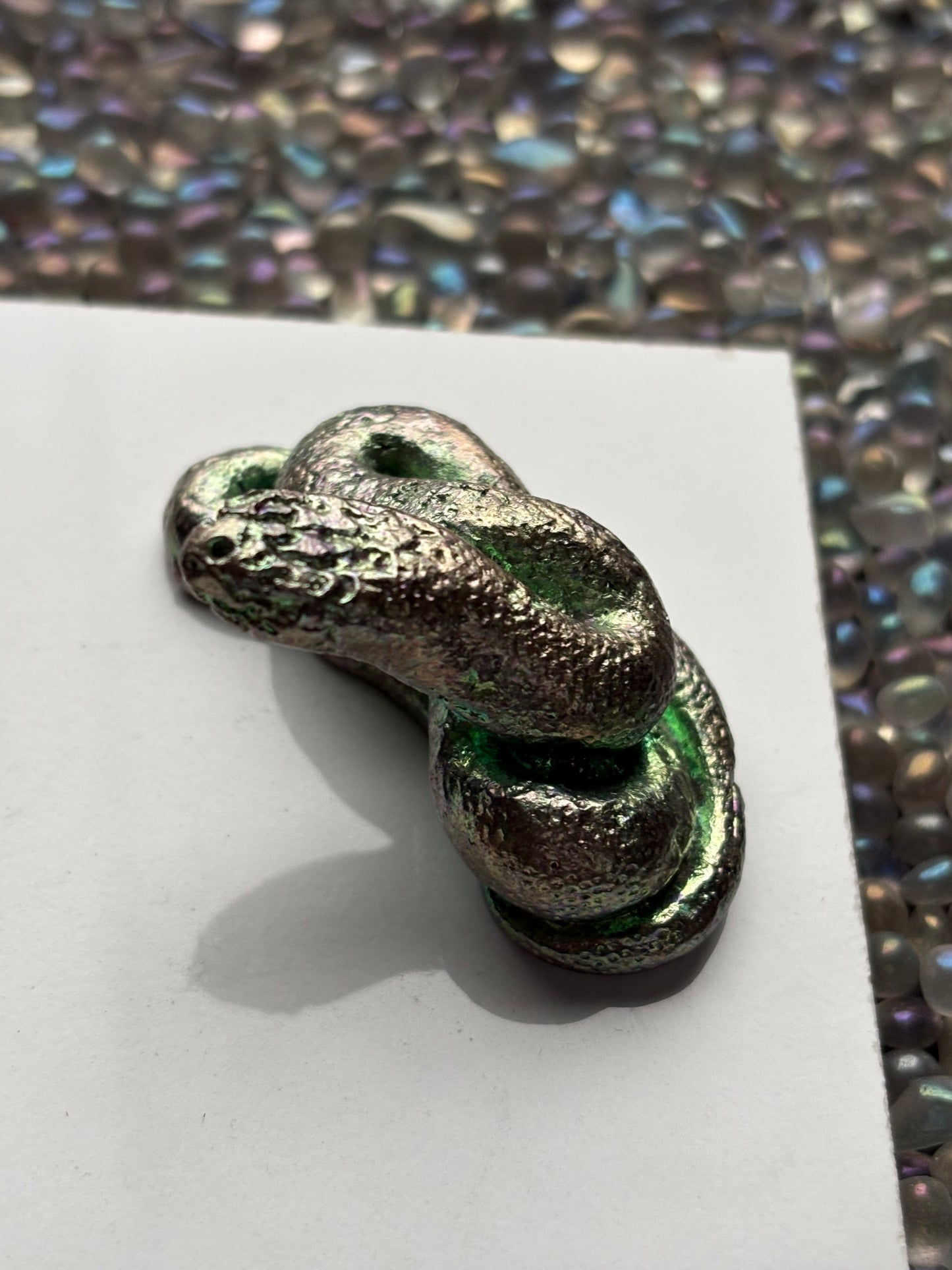 Teal Bismuth Crystal Coil Snake Metal Art Sculpture