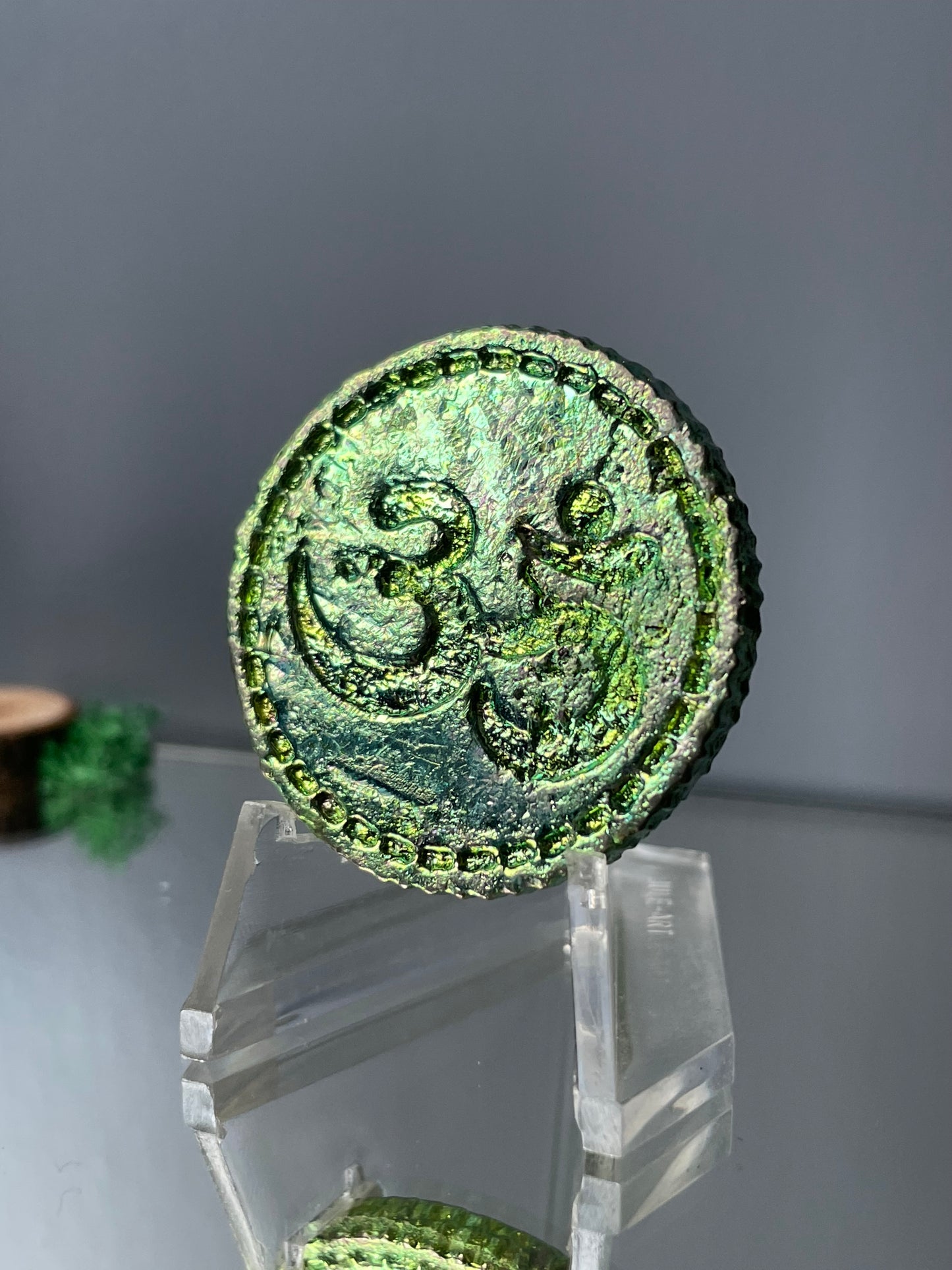 Green Bismuth Crystal Om Coin Metal Art Sculpture