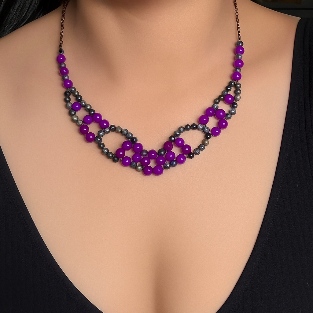 Purple Quartz & Larvikite (black moonstone) Gemstone Beaded Collar Necklace