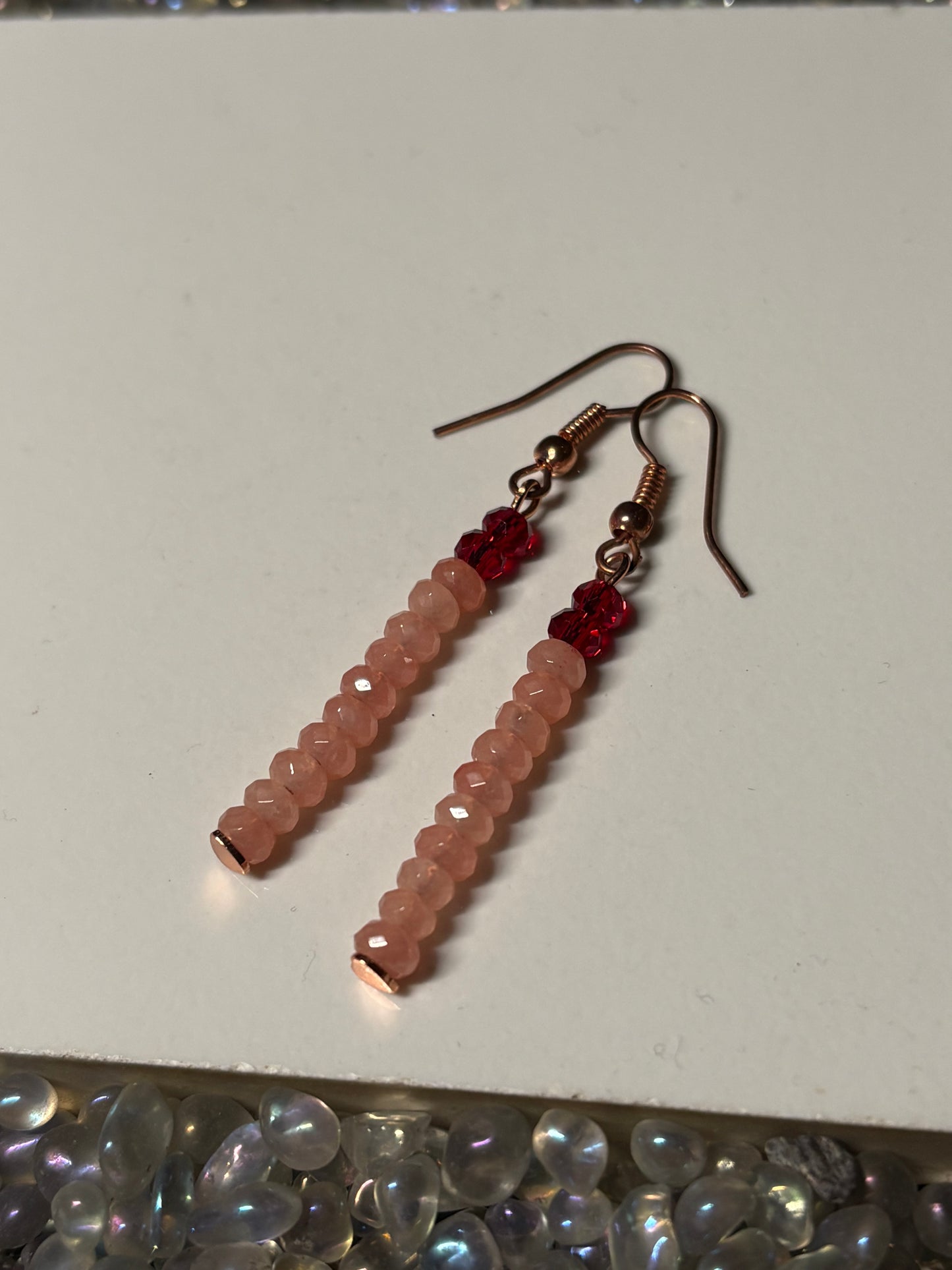 Peach Quartzite Gemstone Rondelle & Red Crystal Rose gold Earrings