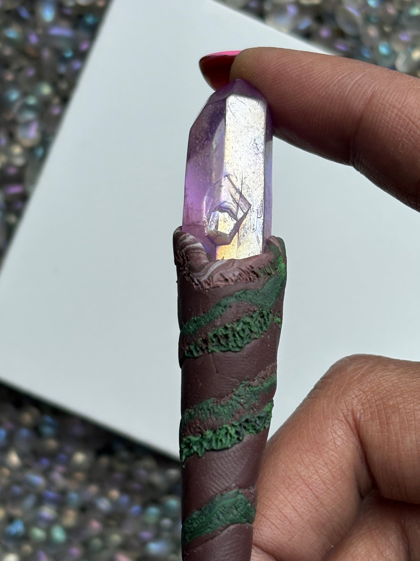 Purple Aura Quartz Crystal Gemstone Enchanted Forest Clay Wand