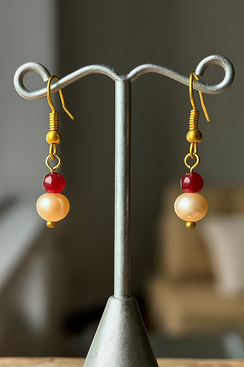 Peach Cultured Pearl & Red Jade Gemstone Crystal Drop Gold Earrings (Certified)