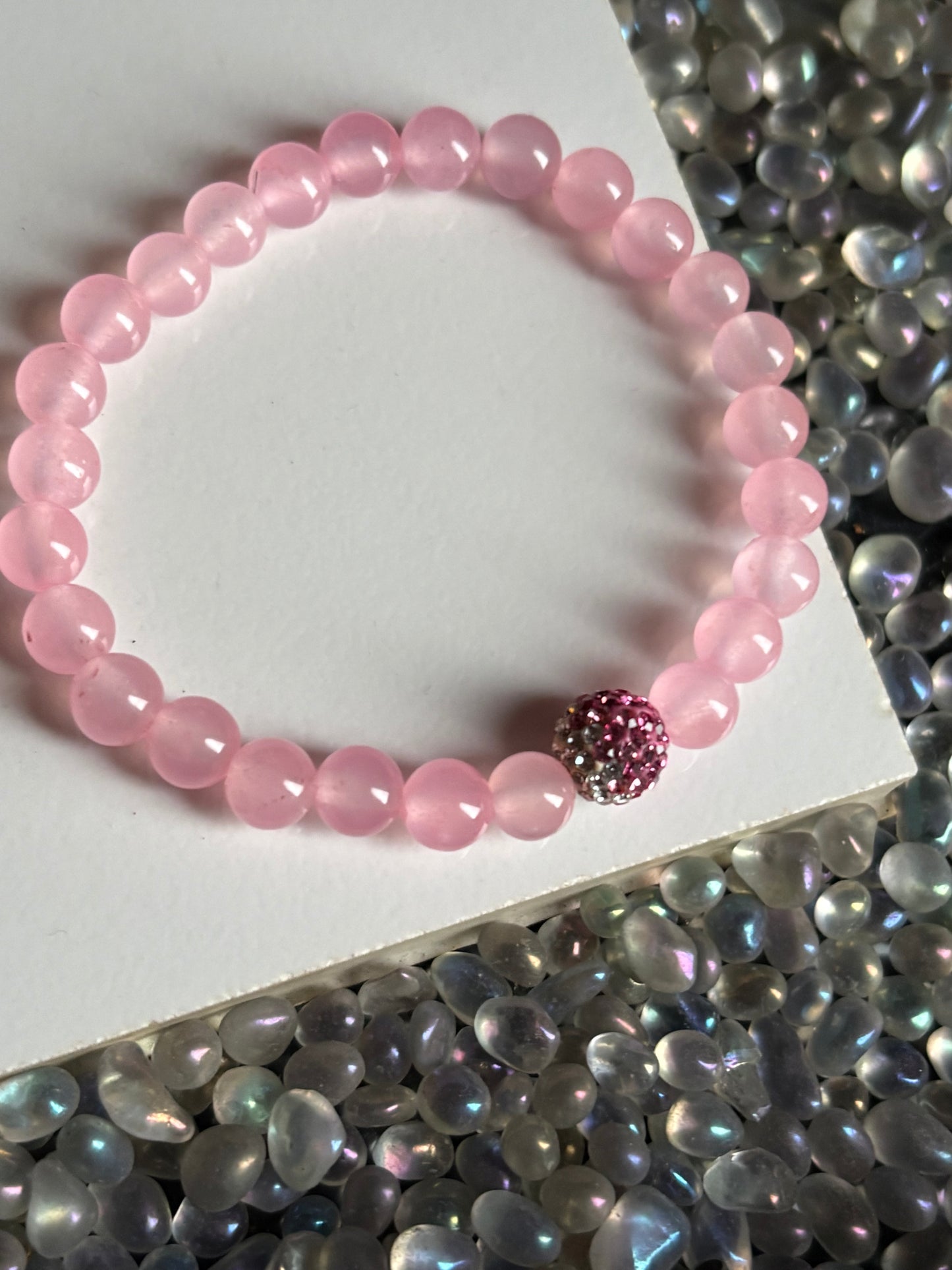 Rose Quartz Crystal Pave Centre Gemstone Stretch Bracelet