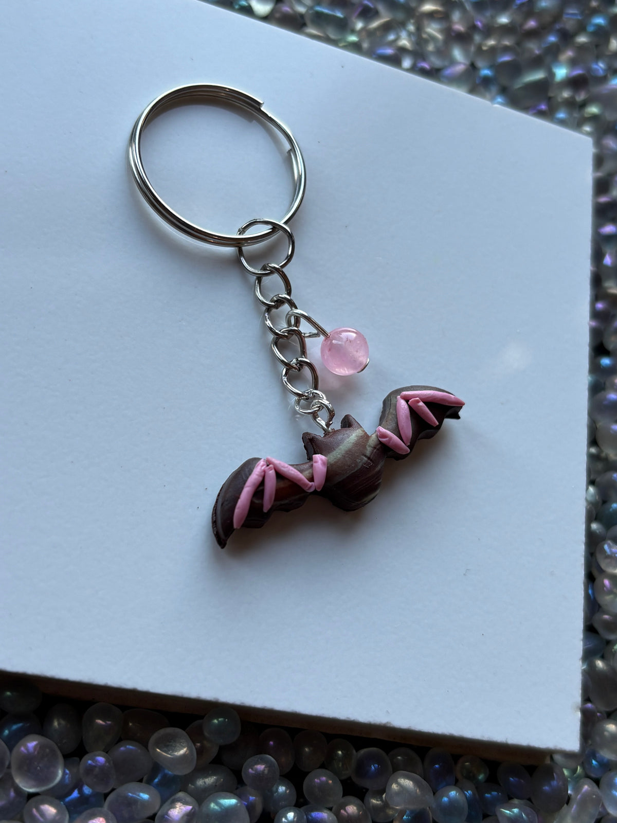 Chocolate Candy Bat Clay & Pink Quartz Crystal Gemstone Keychain