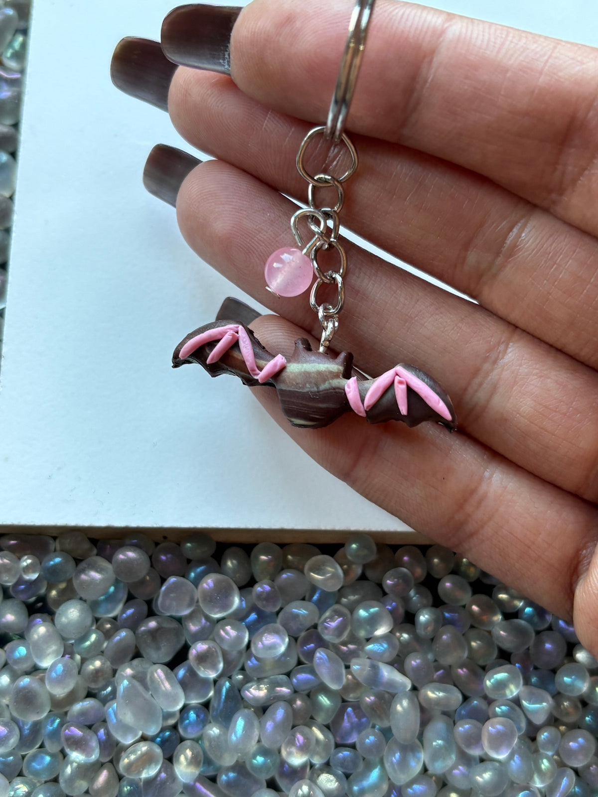 Chocolate Candy Bat Clay & Pink Quartz Crystal Gemstone Keychain