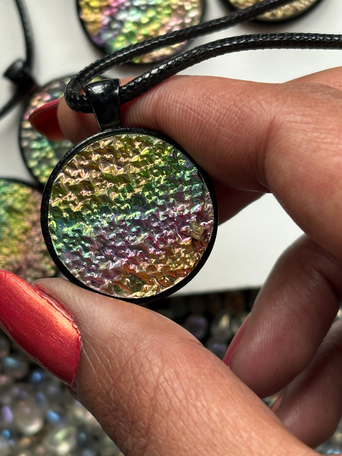Rainbow Bismuth Crystal Metal Art Cord Necklace - Circle