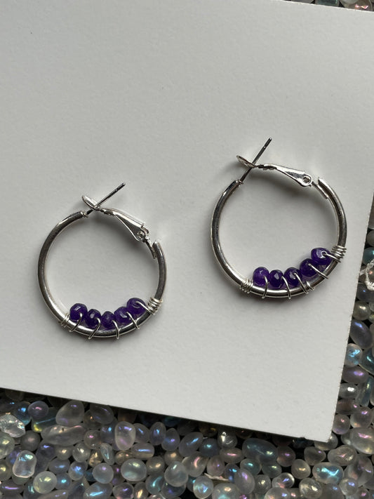 Purple Quartz Crystal Gemstone Beaded Crystal Silver Hoop Earrings (Certified)