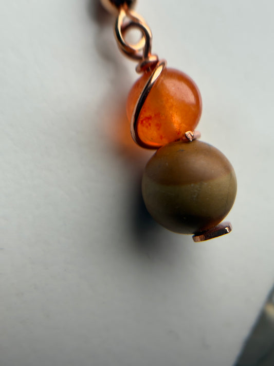 Orange Quartz Crystal Gemstone & Light Wood Rose gold Earrings