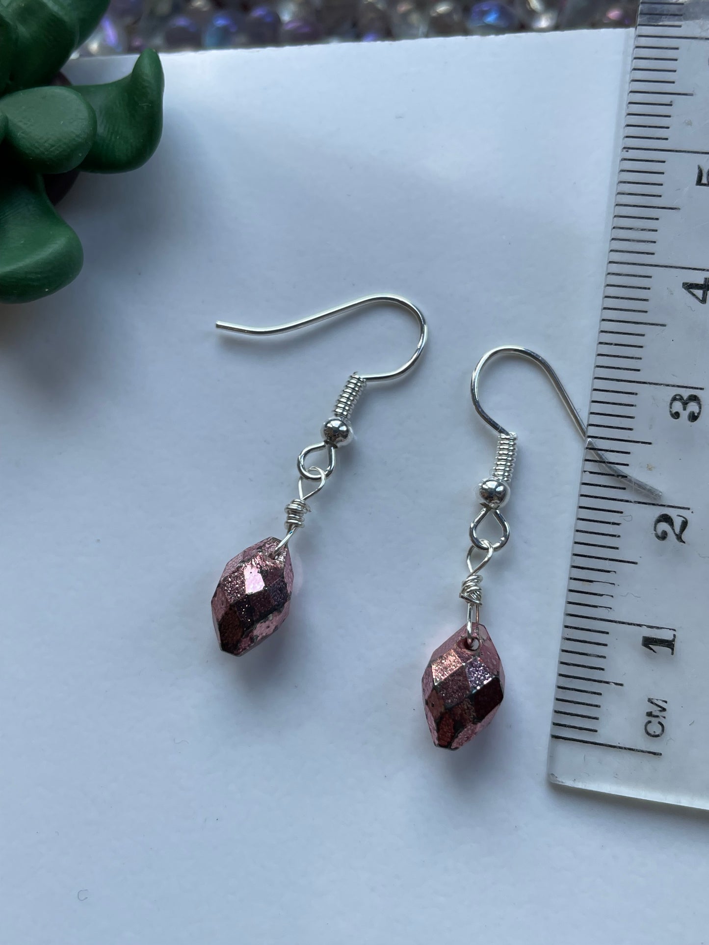 Pink Pyrite Crystal Gemstone Faceted Drop Earrings