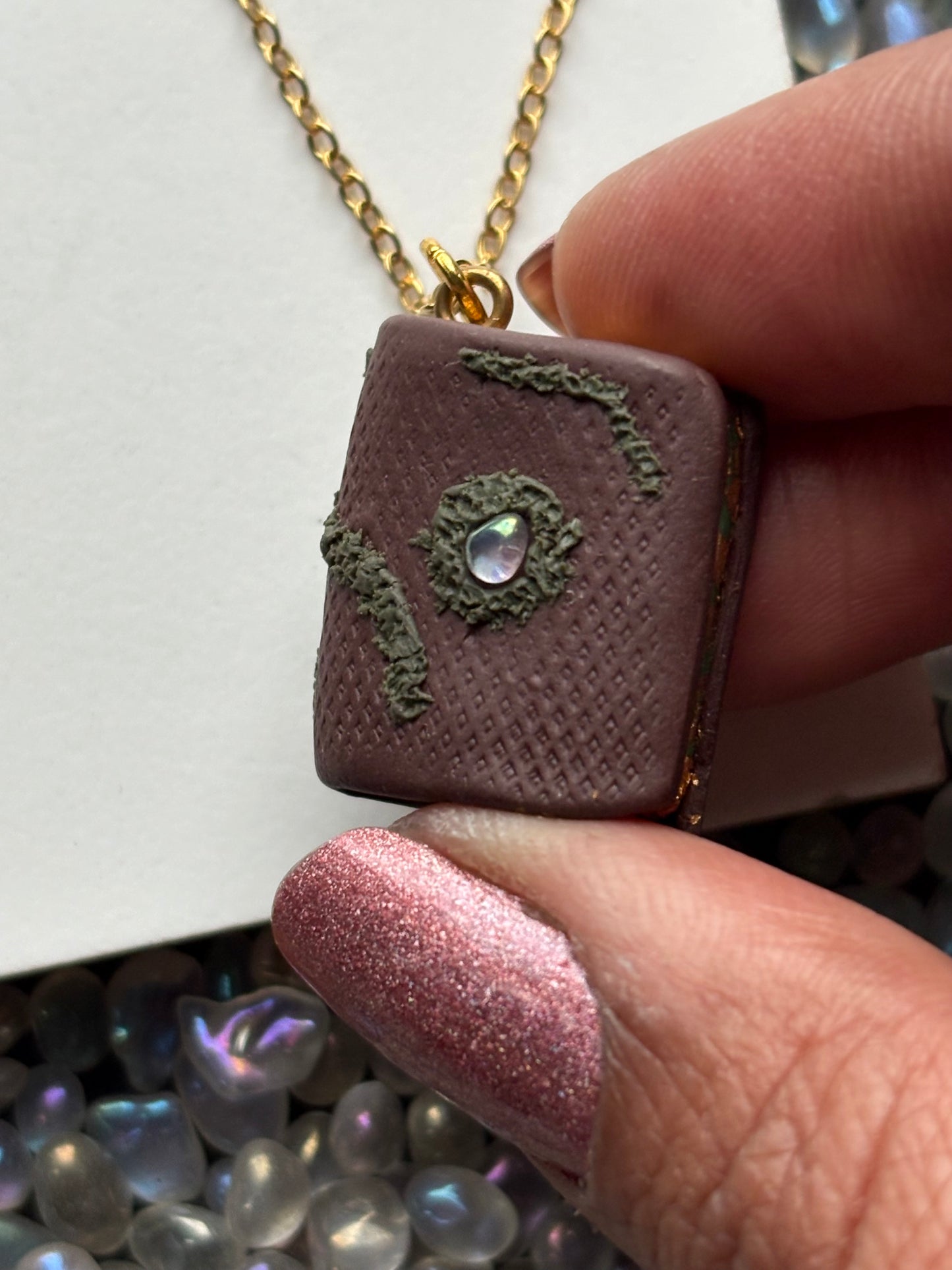 Gold Leaf Aura Quartz Crystal Gemstone Enchanted Book Necklace
