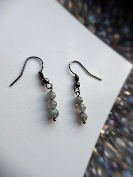 Labradorite Crystal Gemstone Black Metal Dainty Drop Earrings
