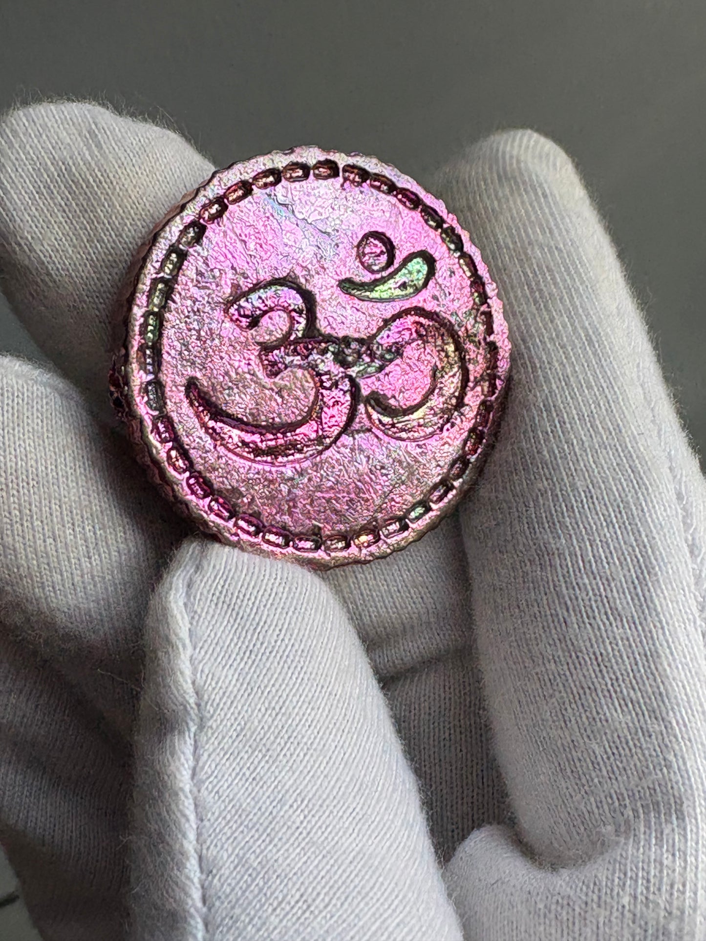 Pink Bismuth Crystal Om Coin Metal Art Sculpture