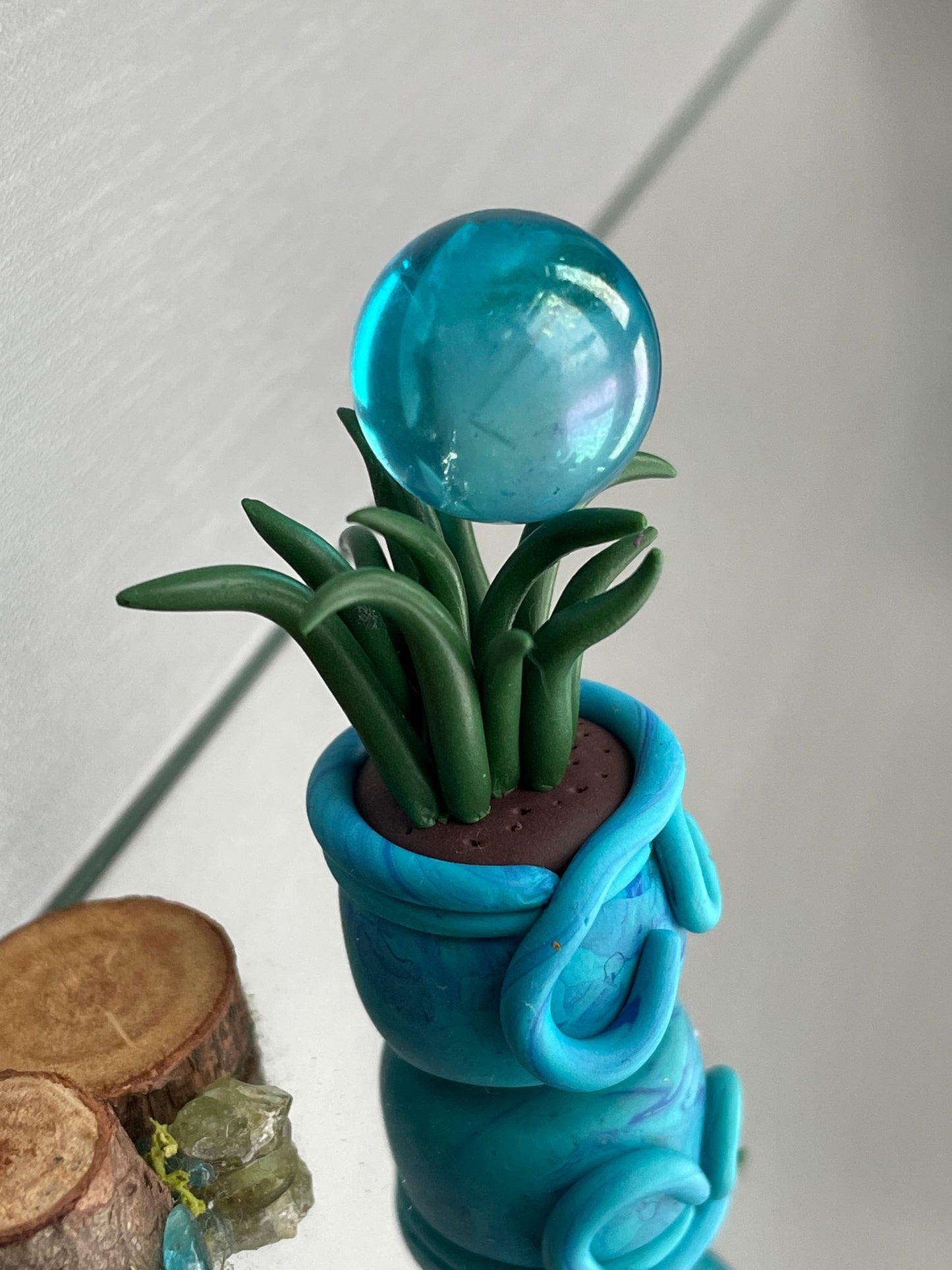 Grassy Potted Plant Clay Sphere Mini Holder - Blue (2)