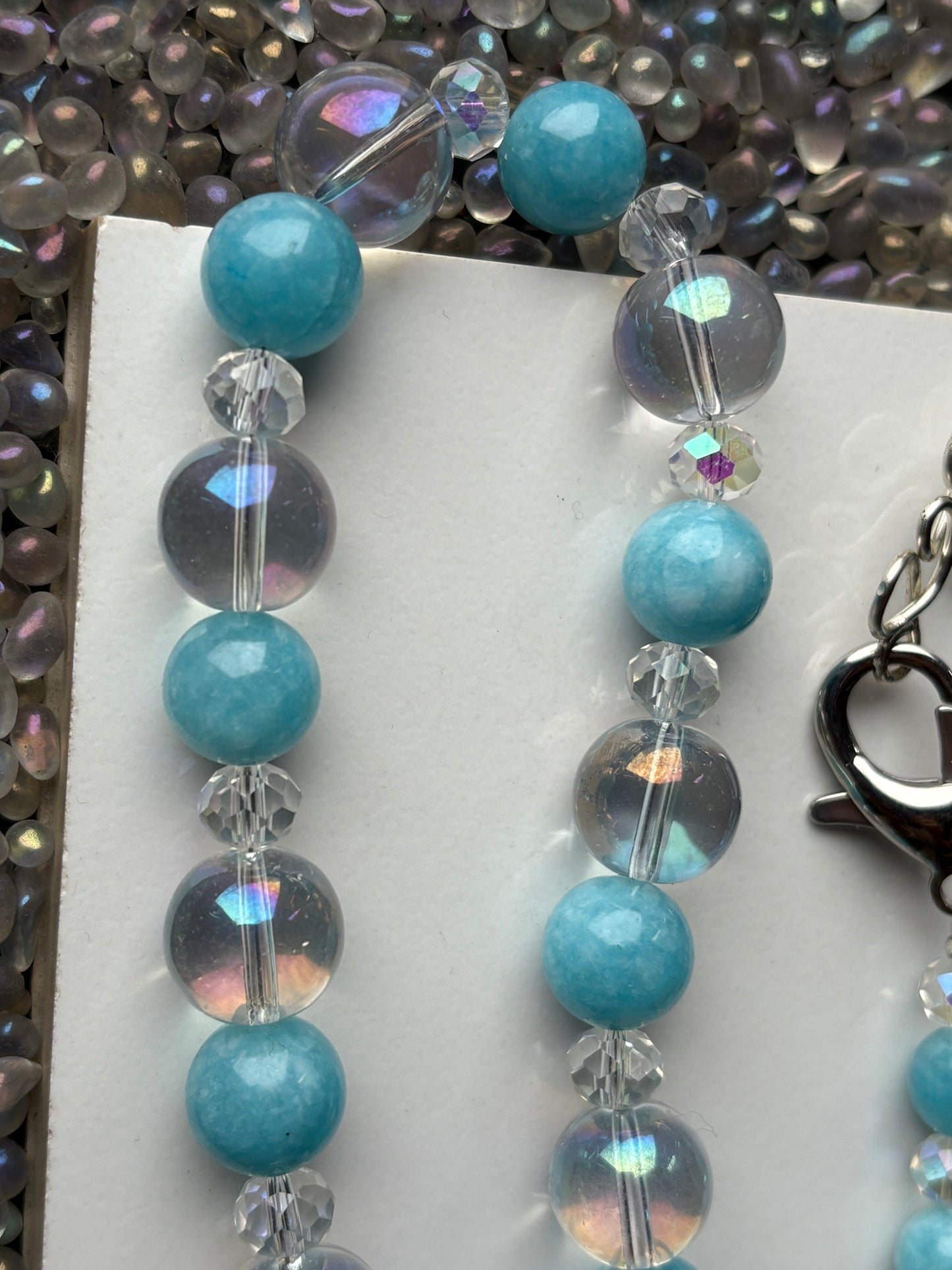 Blue Quartz Gemstone & Aura Coated Glass Crystal Beaded Silver Chunky Necklace