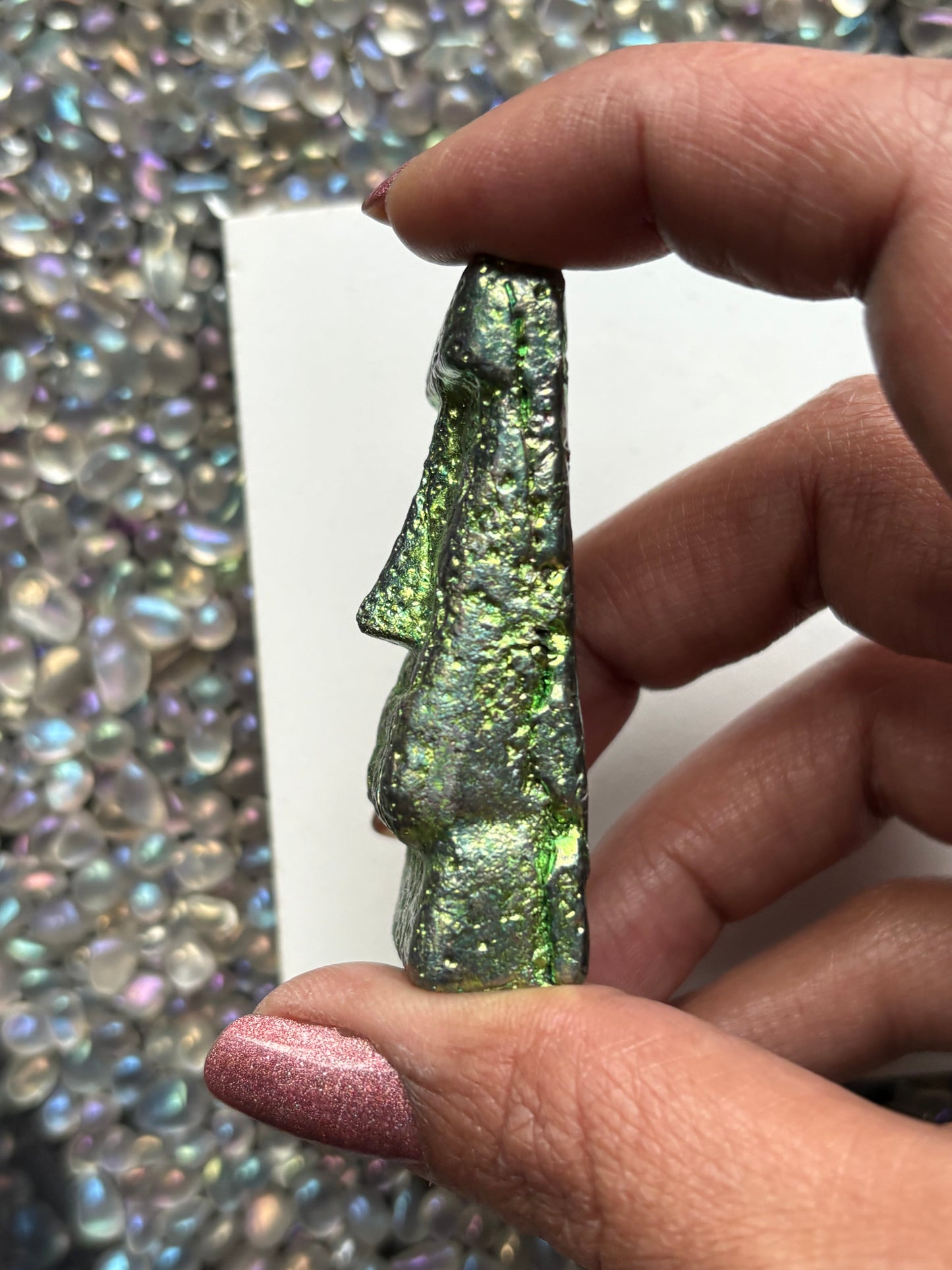 Green Bismuth Crystal Moai Head Easter Island Metal Art Sculpture