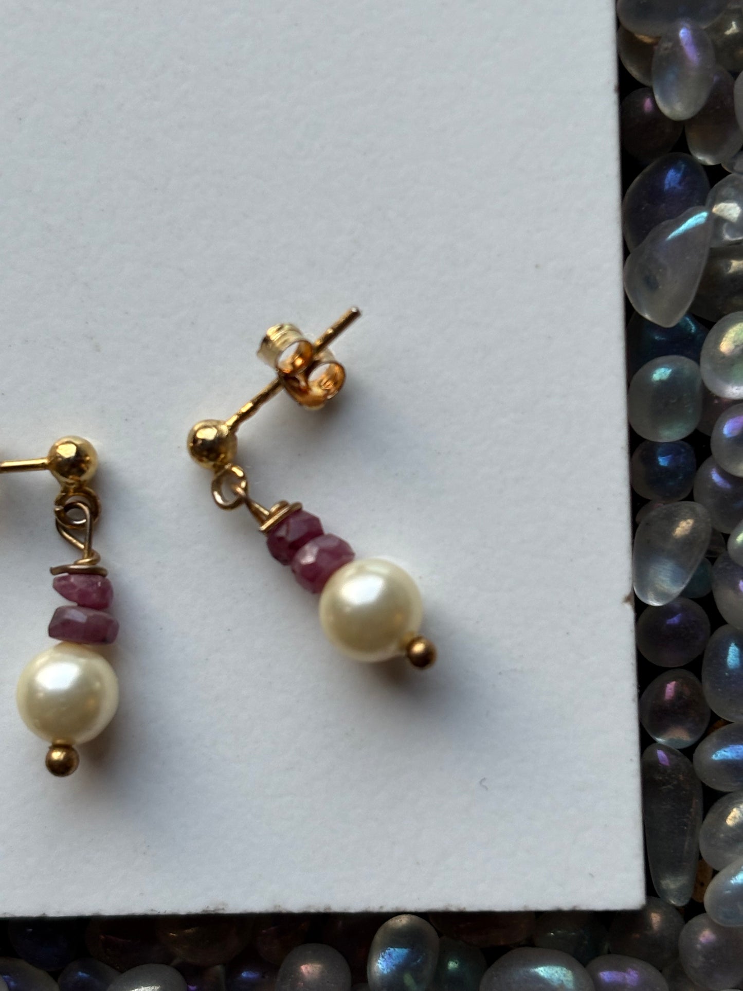 Ruby & Cream Pearl Crystal Gemstone 18k Gold Sterling Silver Earrings (Certified)