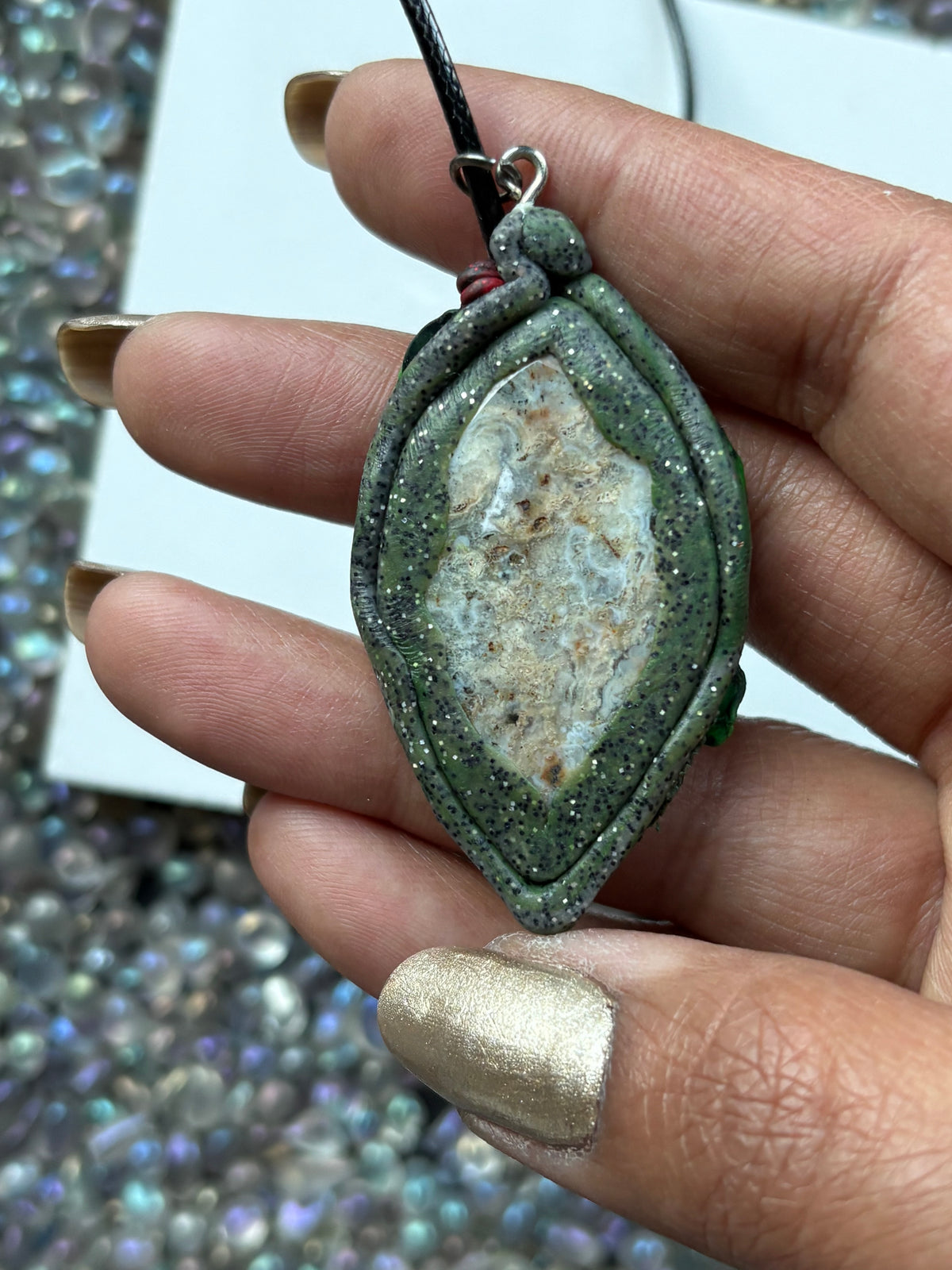 Ocean Jasper Gemstone Crystal Enchanted Garden - Ladybug Necklace - Oval