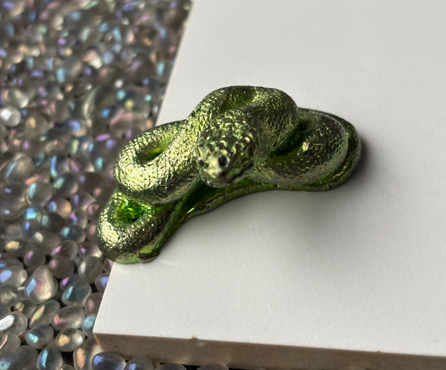 Green Bismuth Crystal Coil Snake Metal Art Sculpture