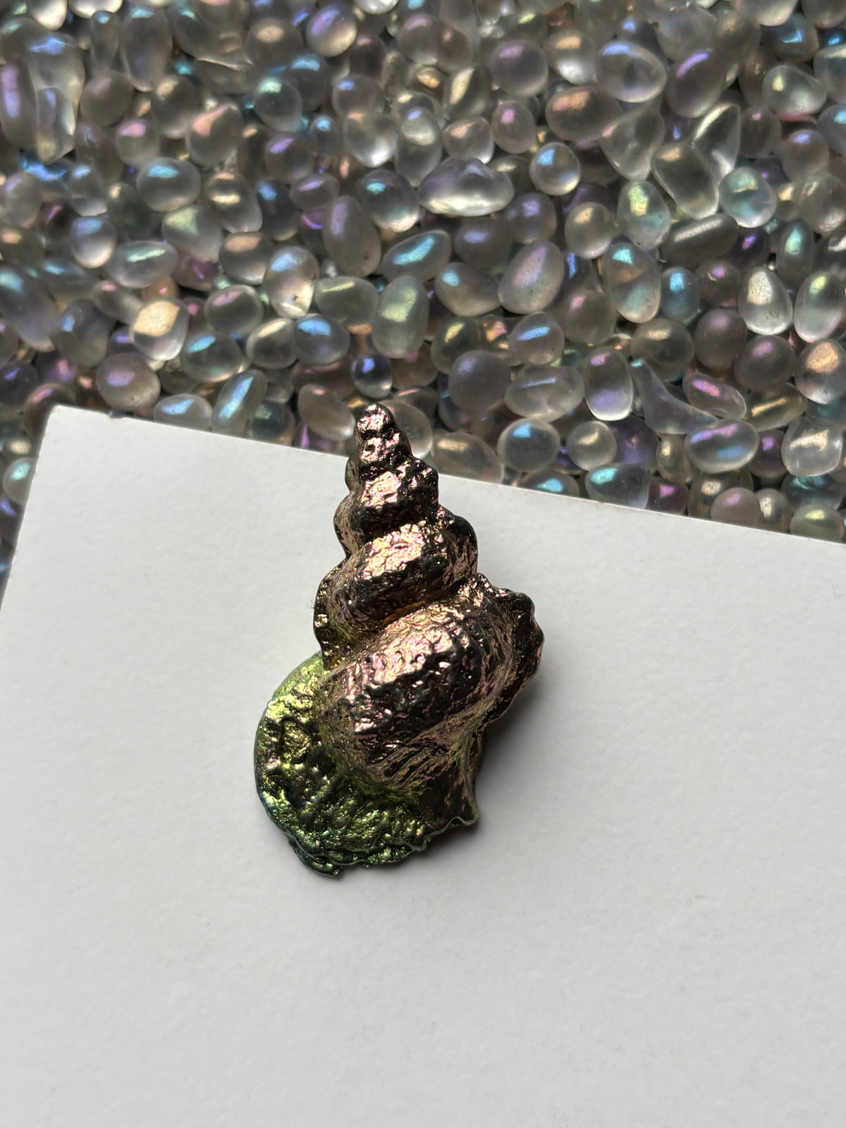 Pink & Green Bismuth Crystal Tulip Sea Shell Metal Art Sculpture