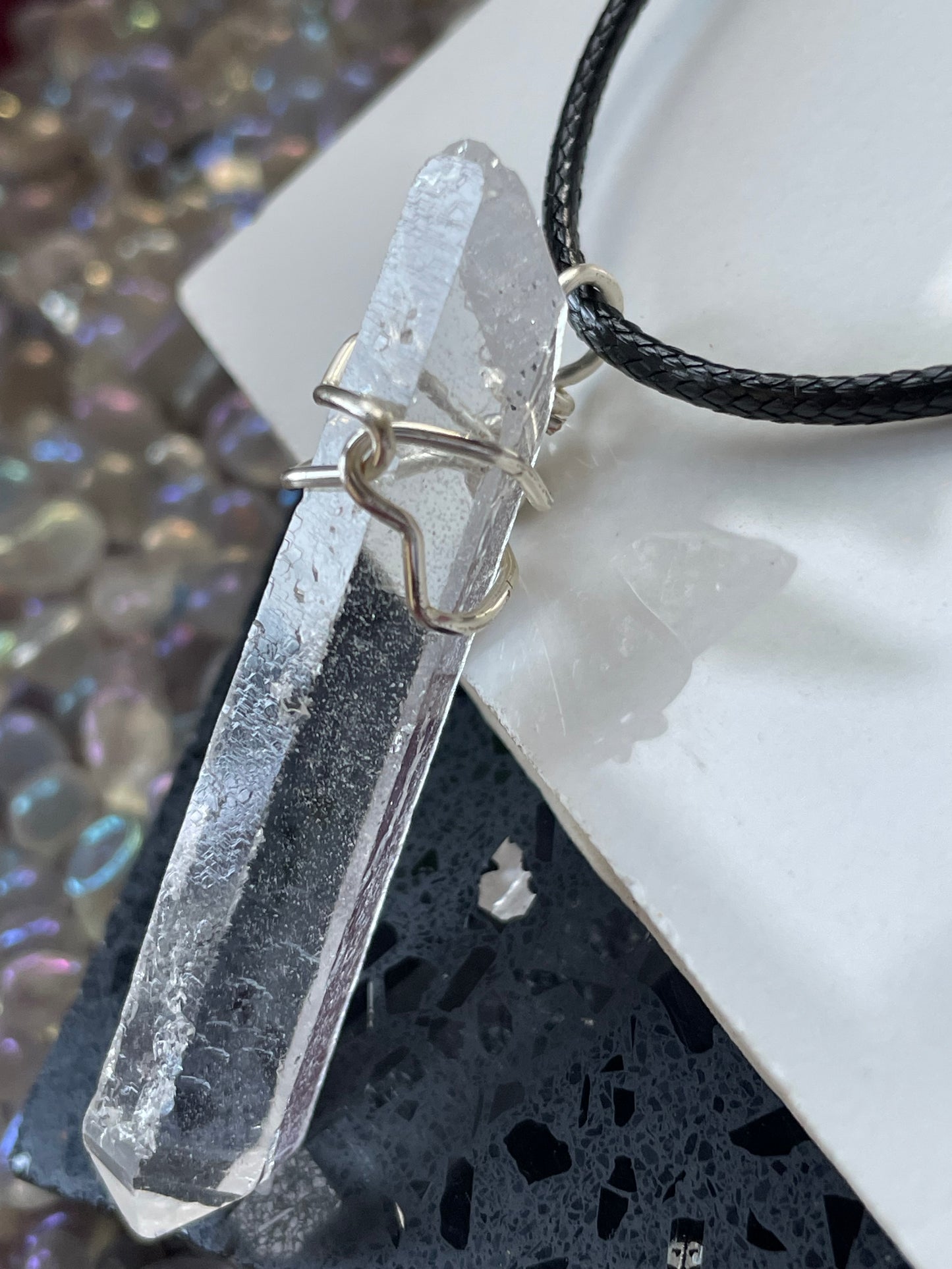 Lemurian Quartz Crystal Gemstone Wire Wrap Necklace - Silver